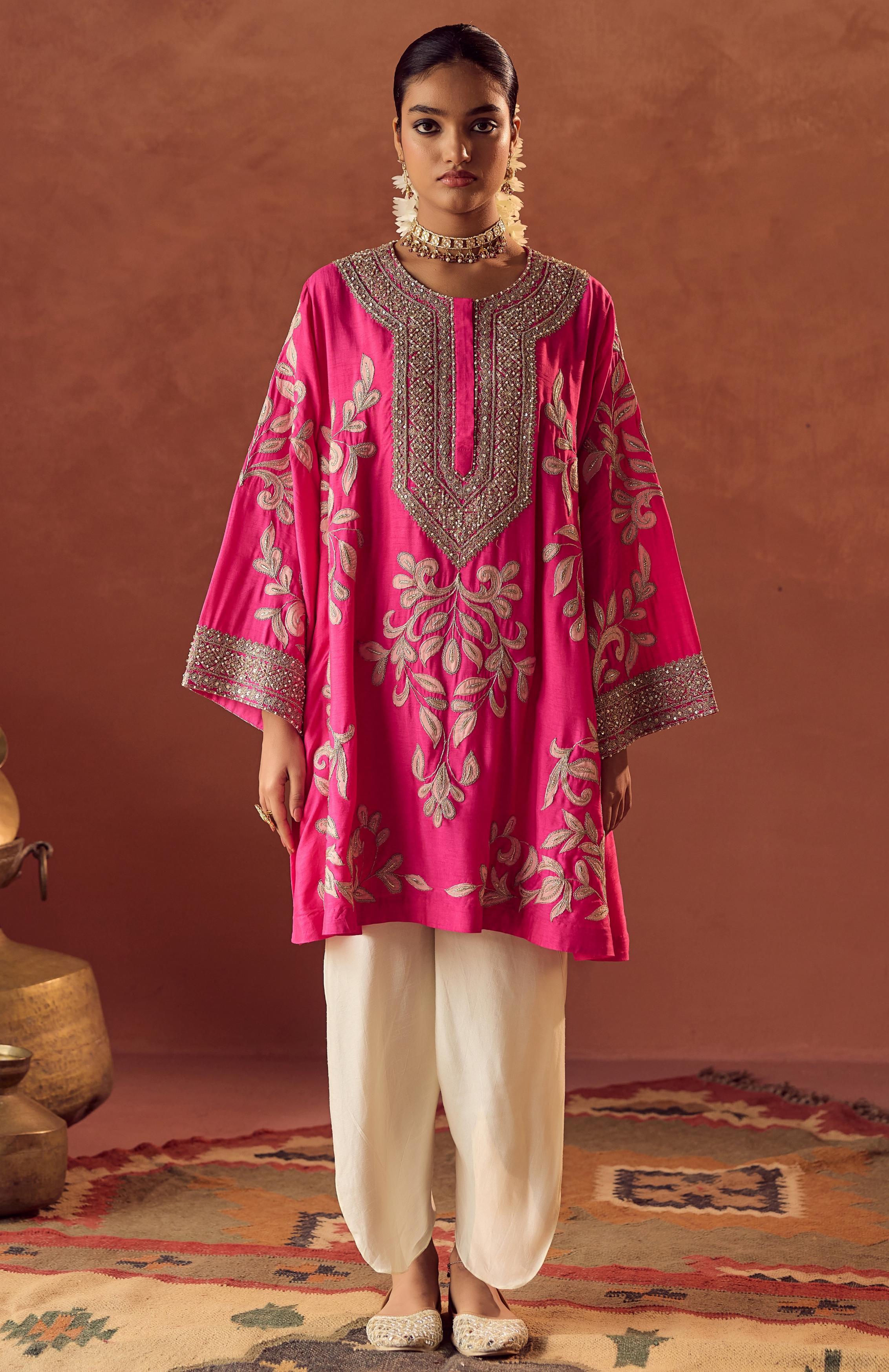 Flamingo Pink Embellished Raw Silk Dhoti Set