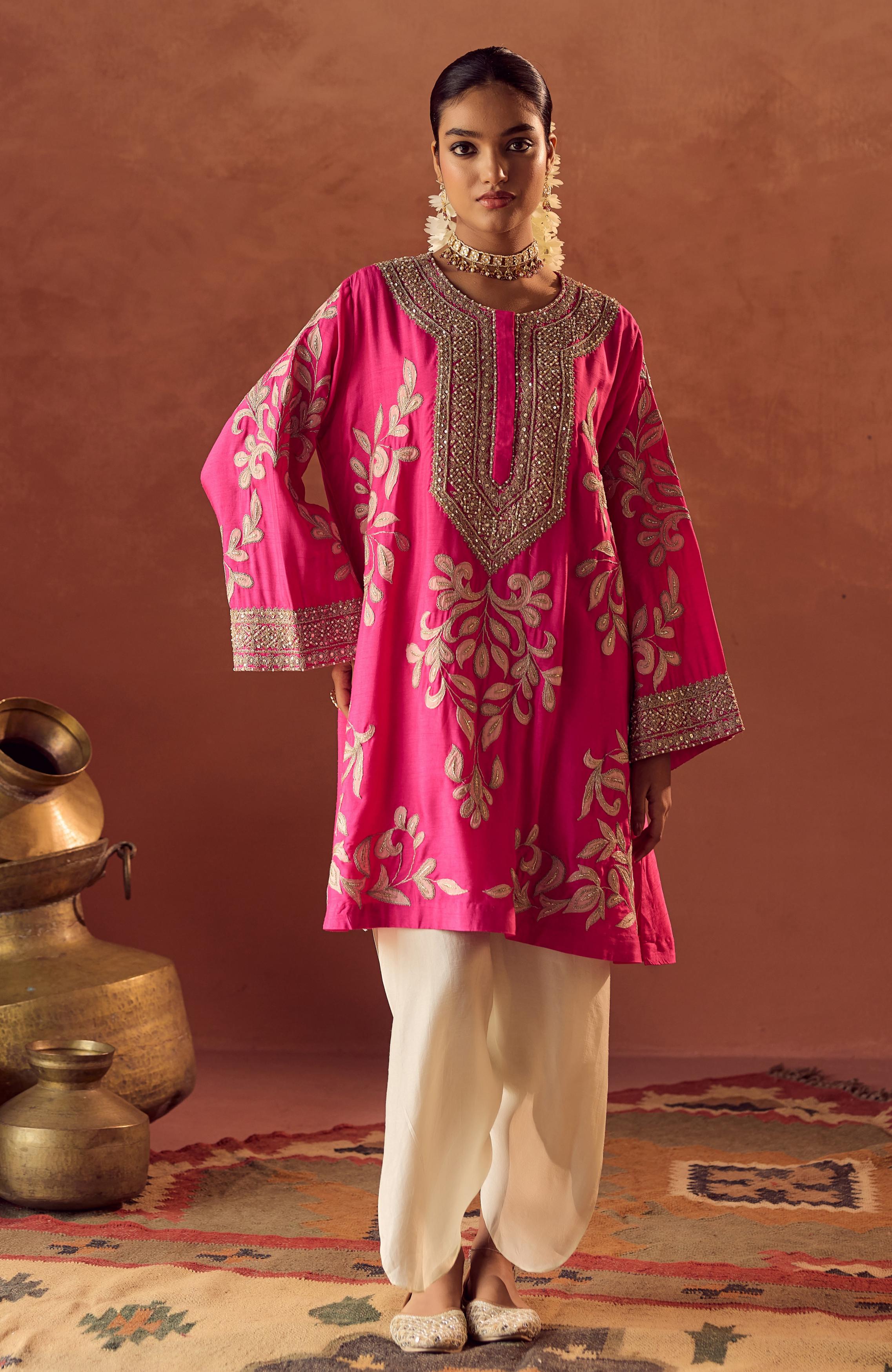 Flamingo Pink Embellished Raw Silk Dhoti Set