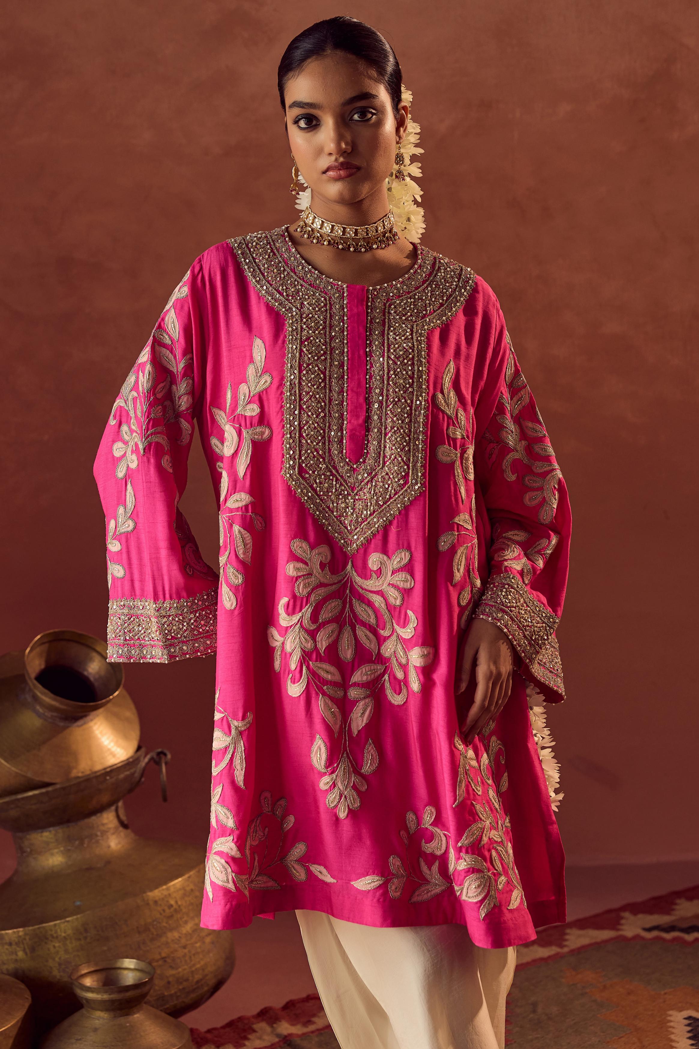 Flamingo Pink Embellished Raw Silk Dhoti Set