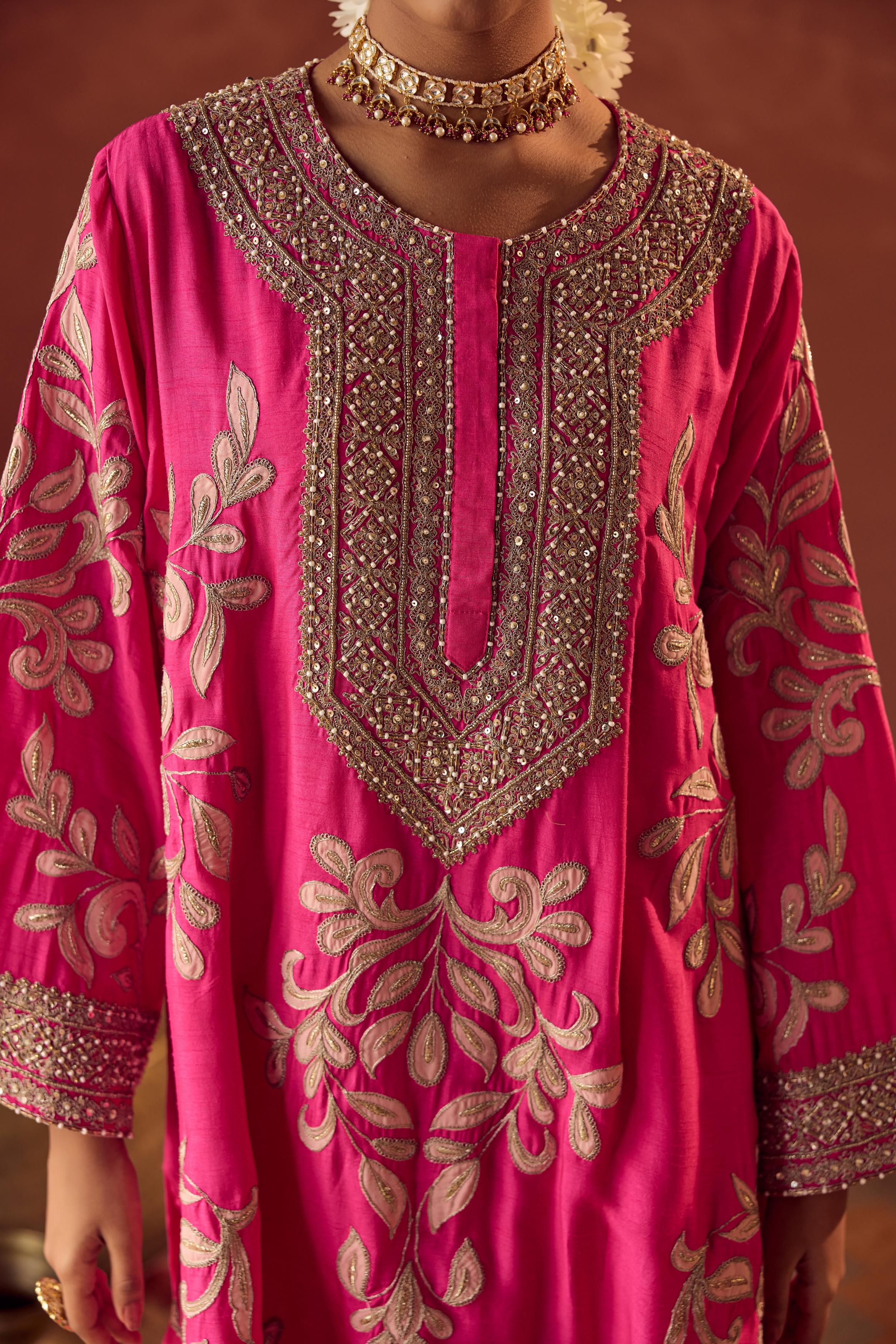 Flamingo Pink Embellished Raw Silk Dhoti Set