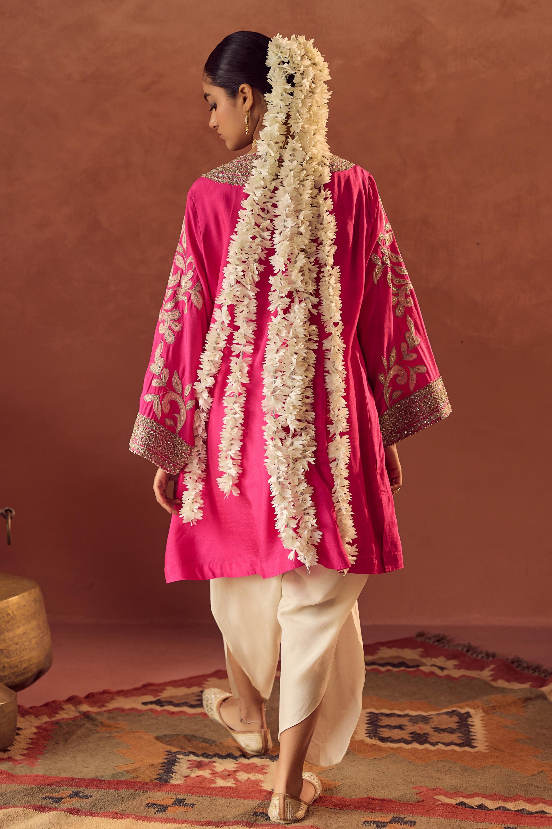 Flamingo Pink Embellished Raw Silk Dhoti Set
