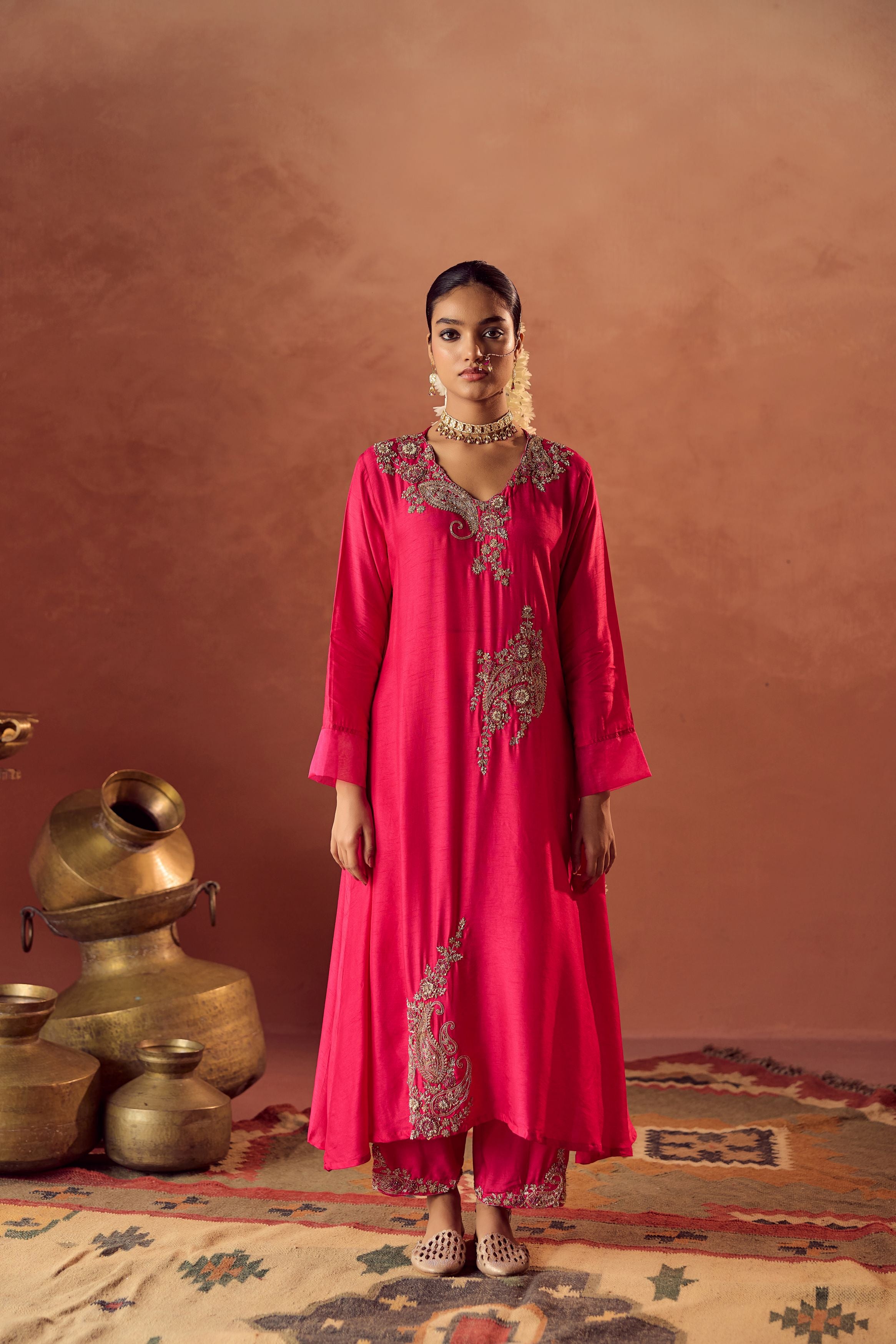 Rani Pink Embellished Raw Silk Pant Set