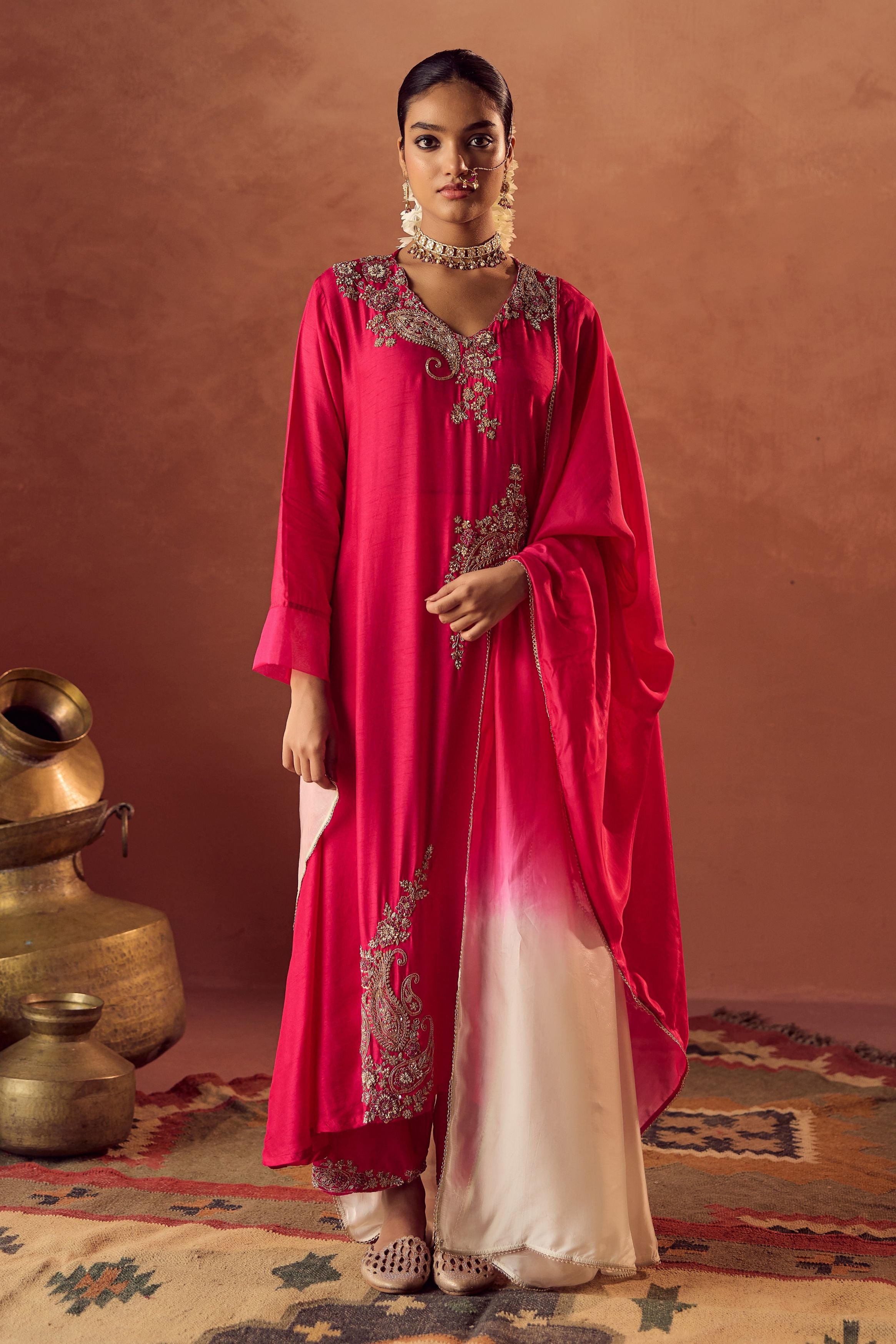 Rani Pink Embellished Raw Silk Pant Set