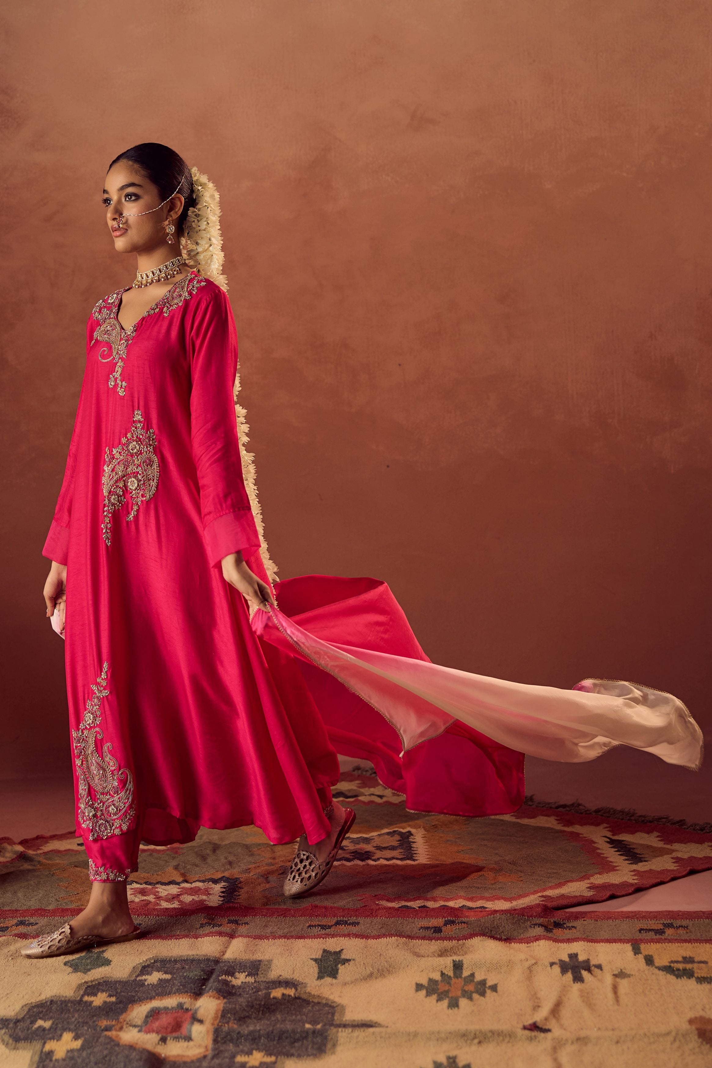 Rani Pink Embellished Raw Silk Pant Set