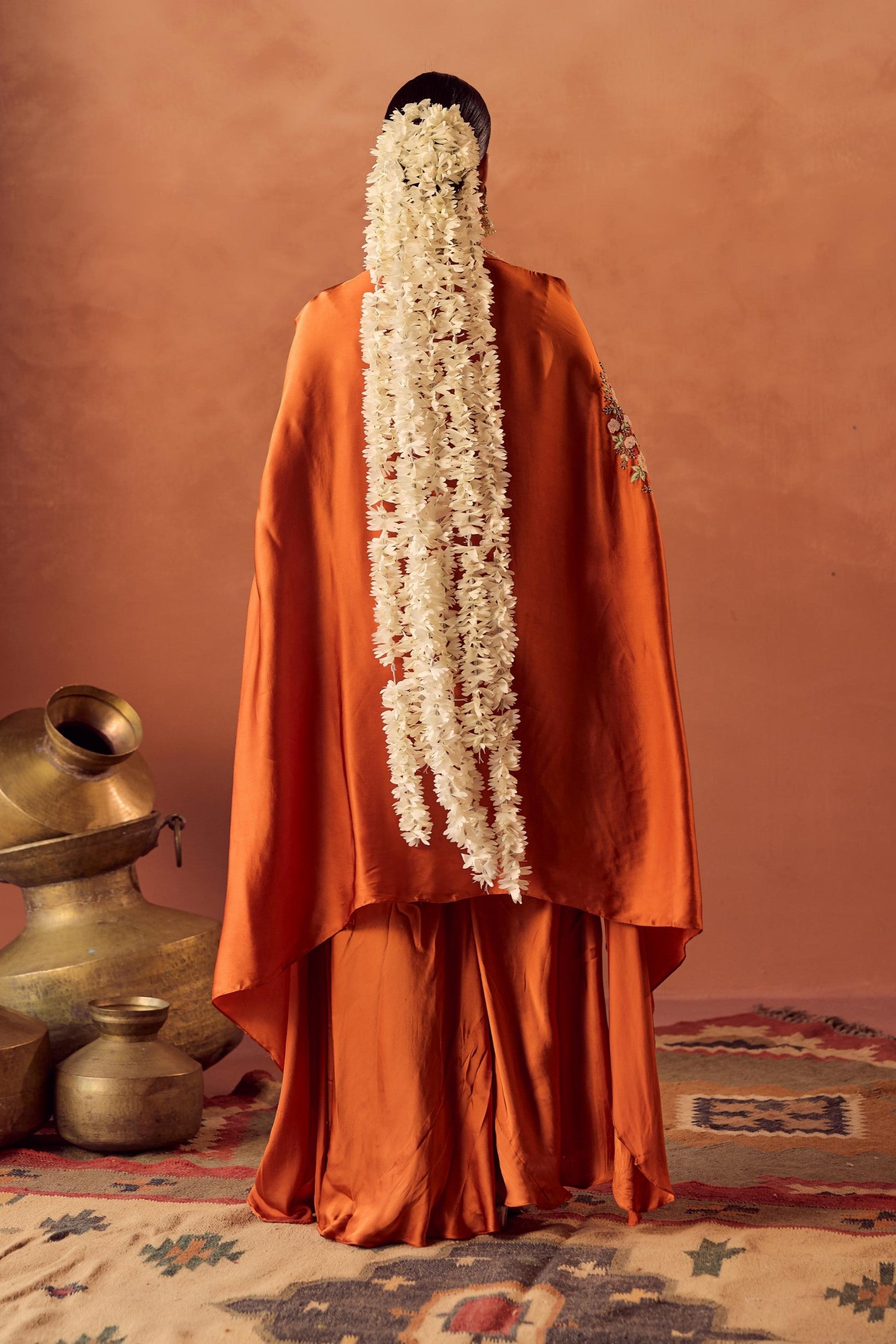 Saffron Glow Embellished Satin Silk Cape Set
