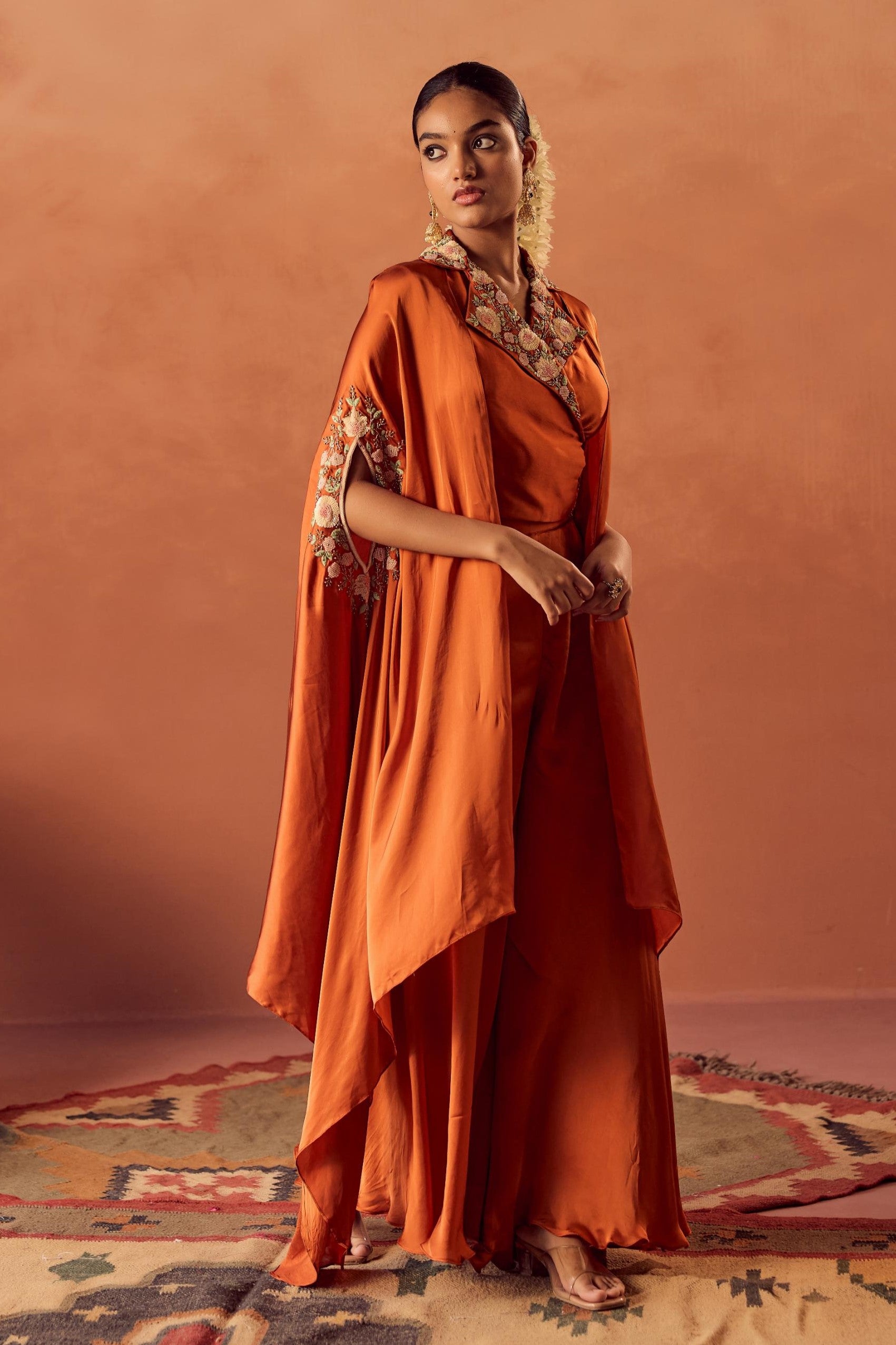 Saffron Glow Embellished Satin Silk Cape Set