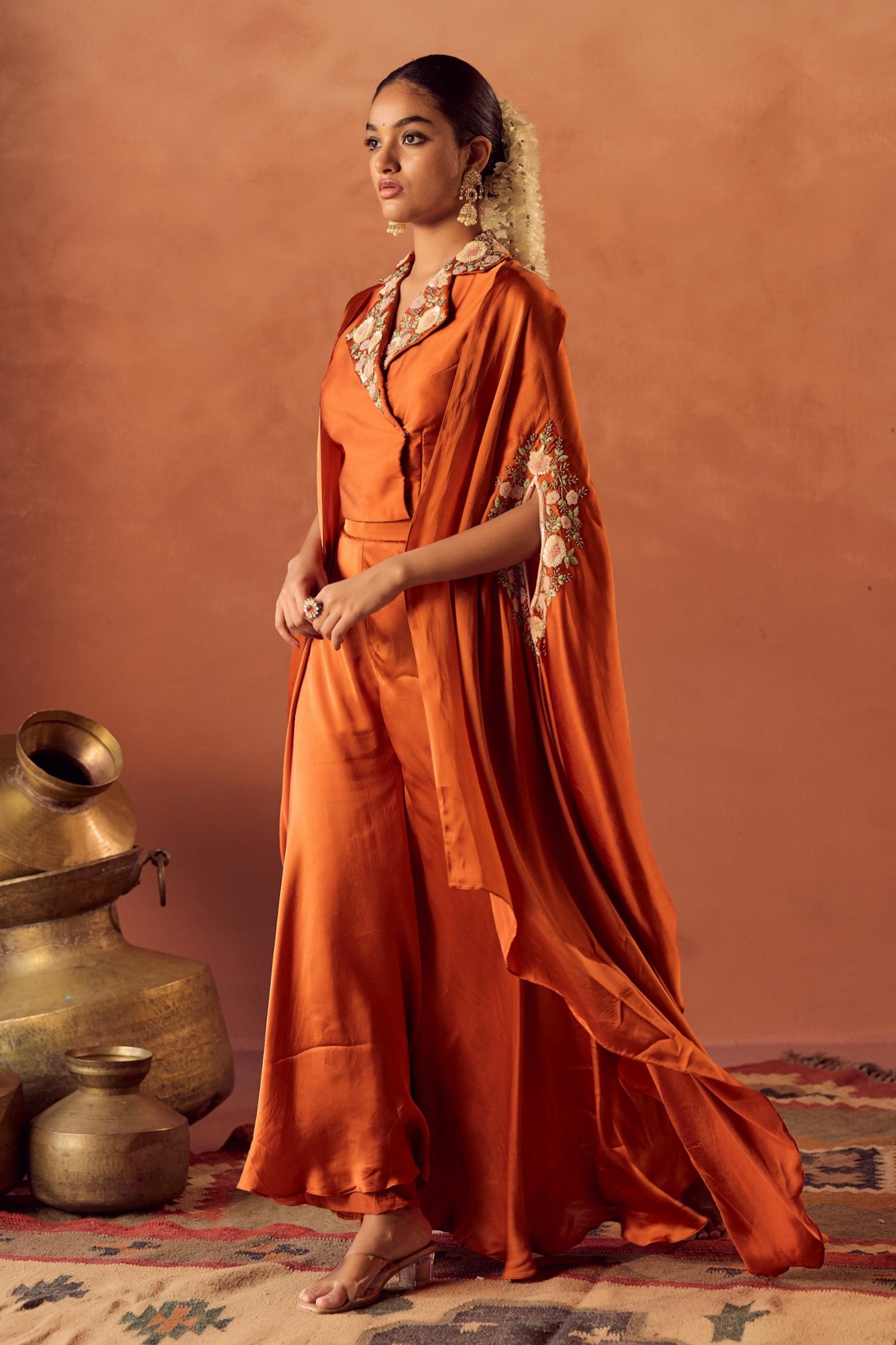 Saffron Glow Embellished Satin Silk Cape Set