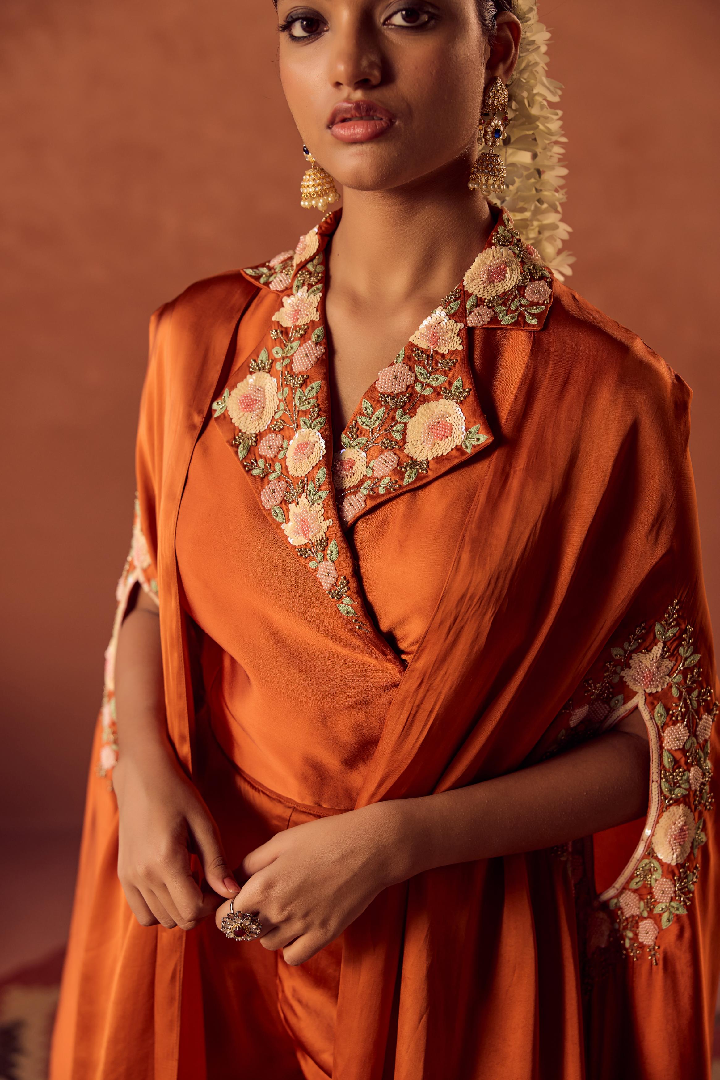 Saffron Glow Embellished Satin Silk Cape Set