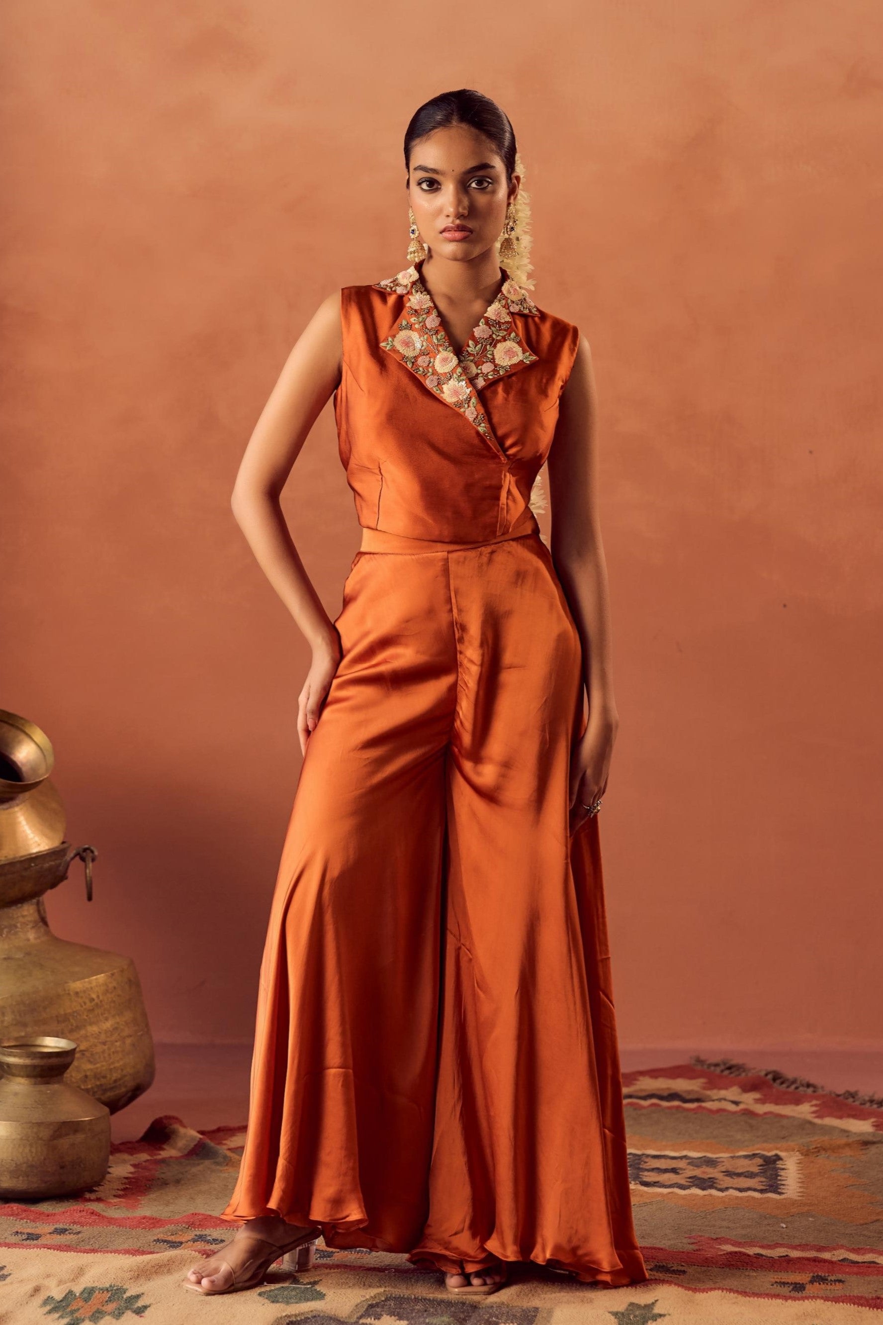 Saffron Glow Embellished Satin Silk Cape Set