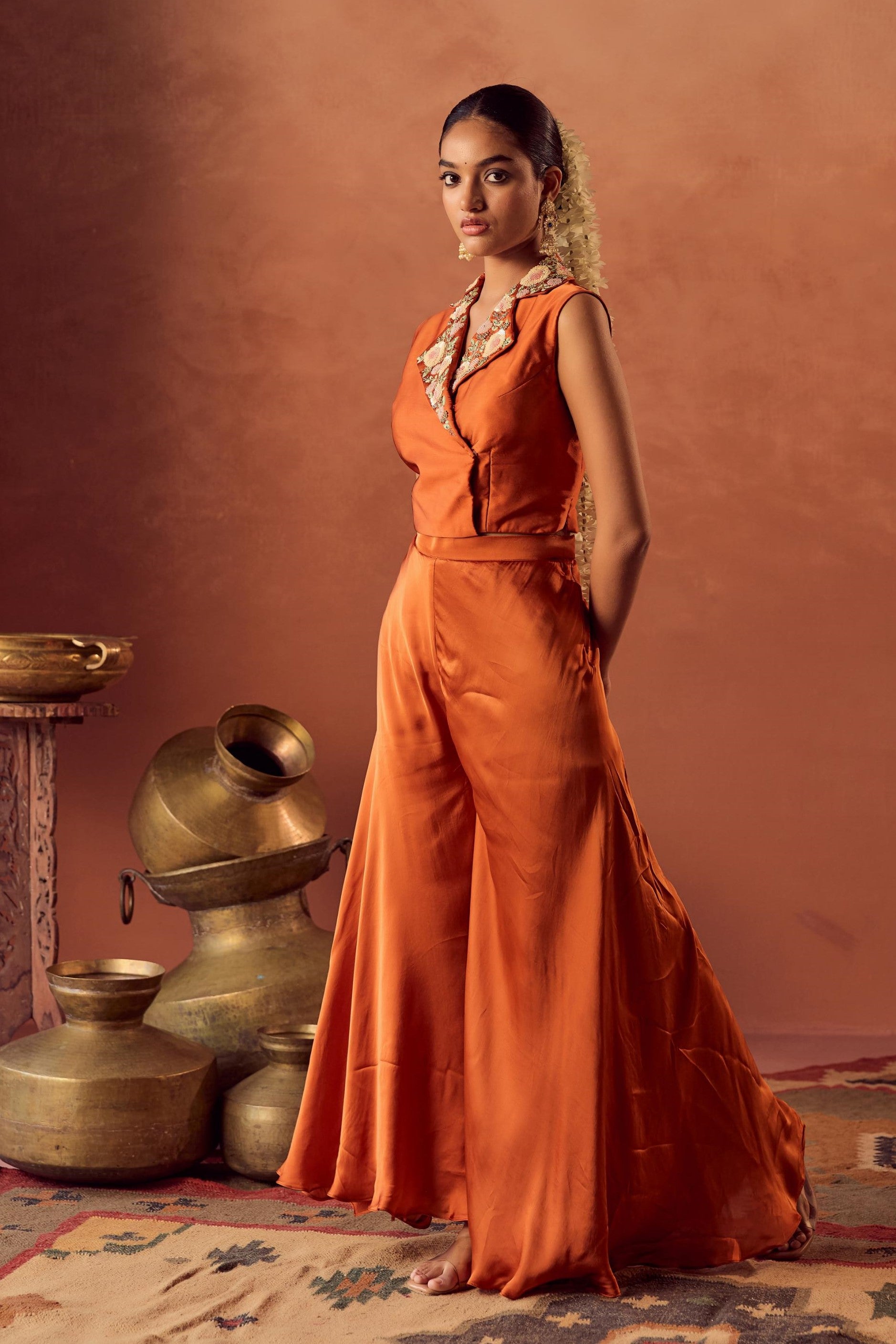 Saffron Glow Embellished Satin Silk Cape Set
