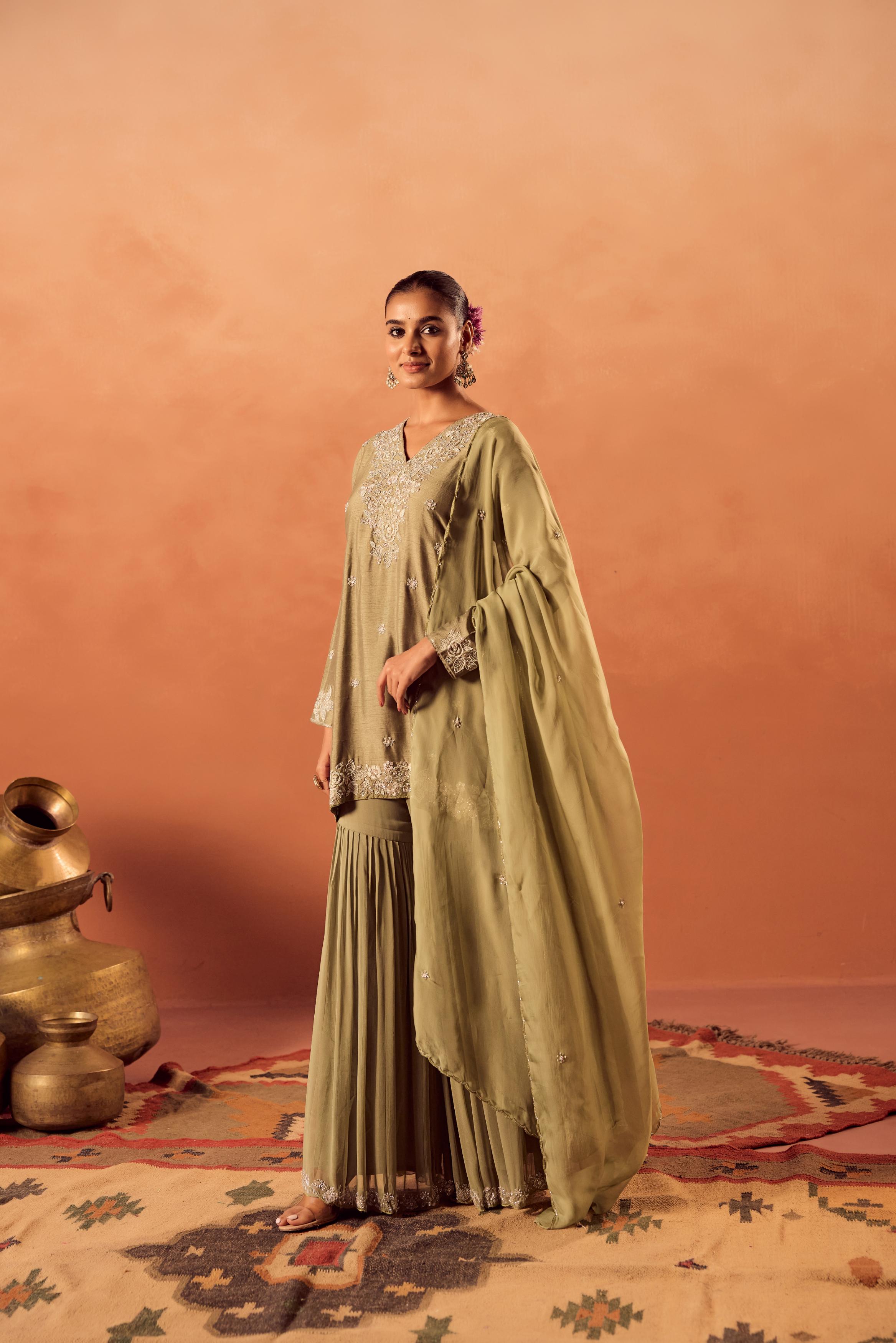 Pista Glow Embellished Raw Silk Sharara Set