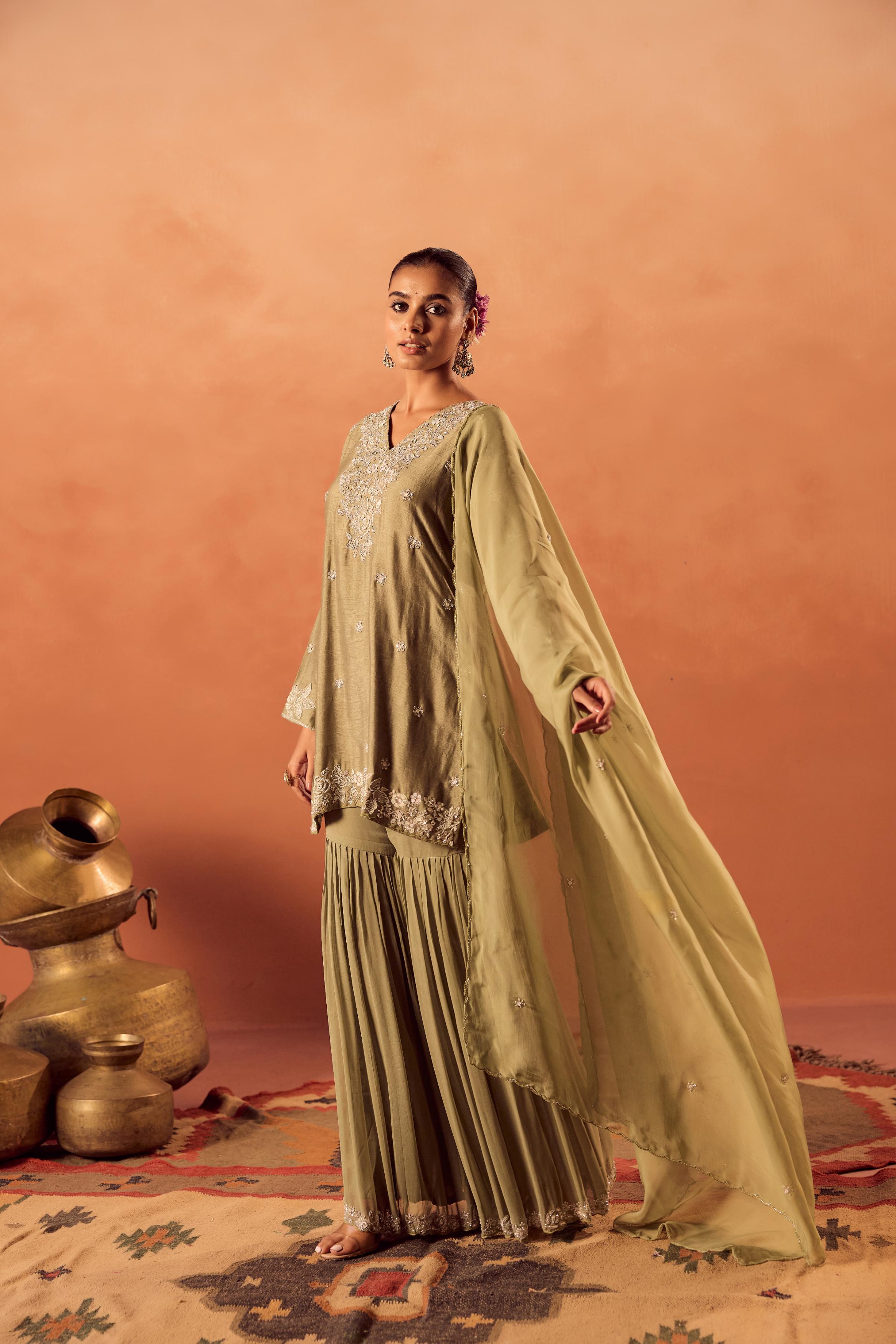 Pista Glow Embellished Raw Silk Sharara Set