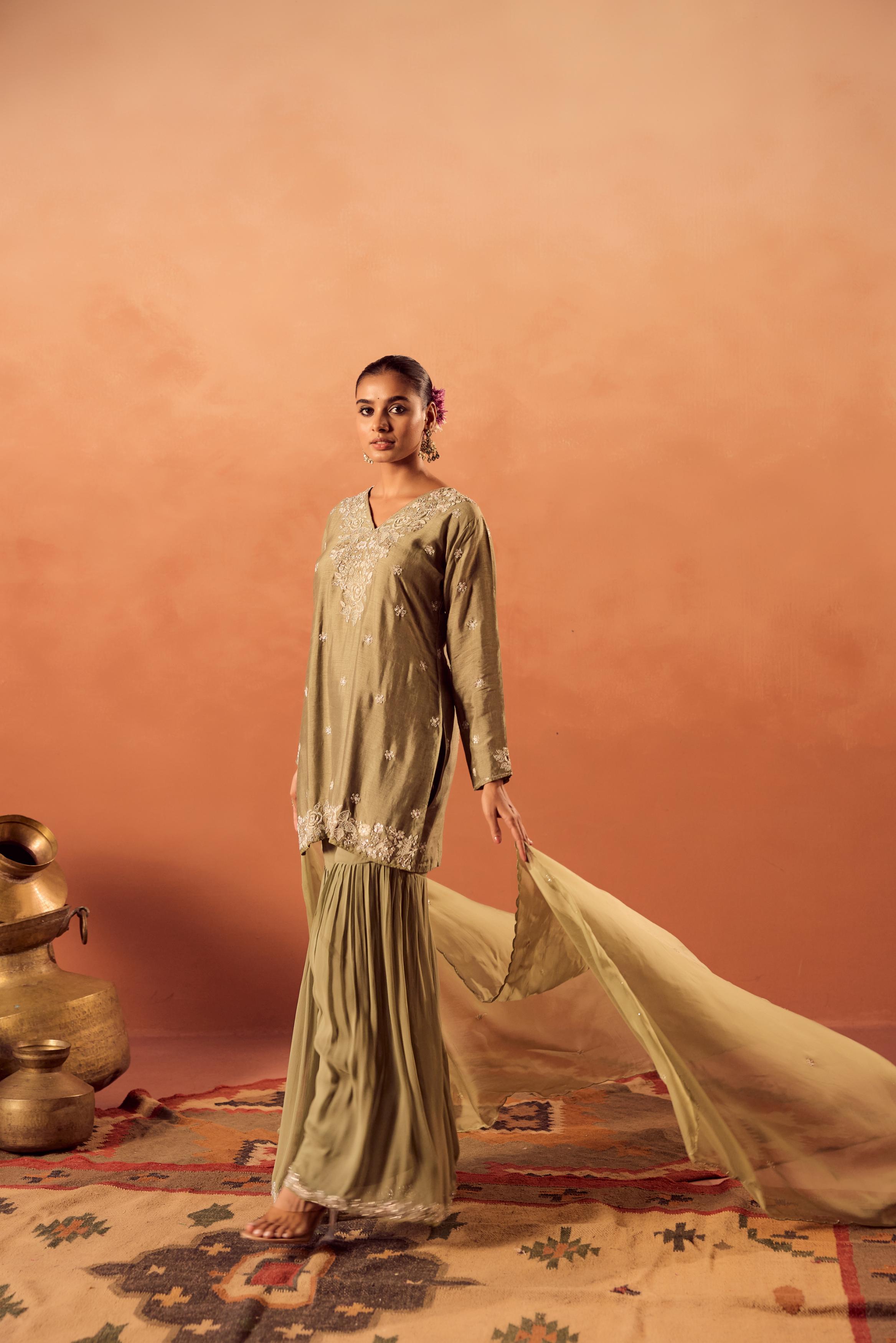 Pista Glow Embellished Raw Silk Sharara Set
