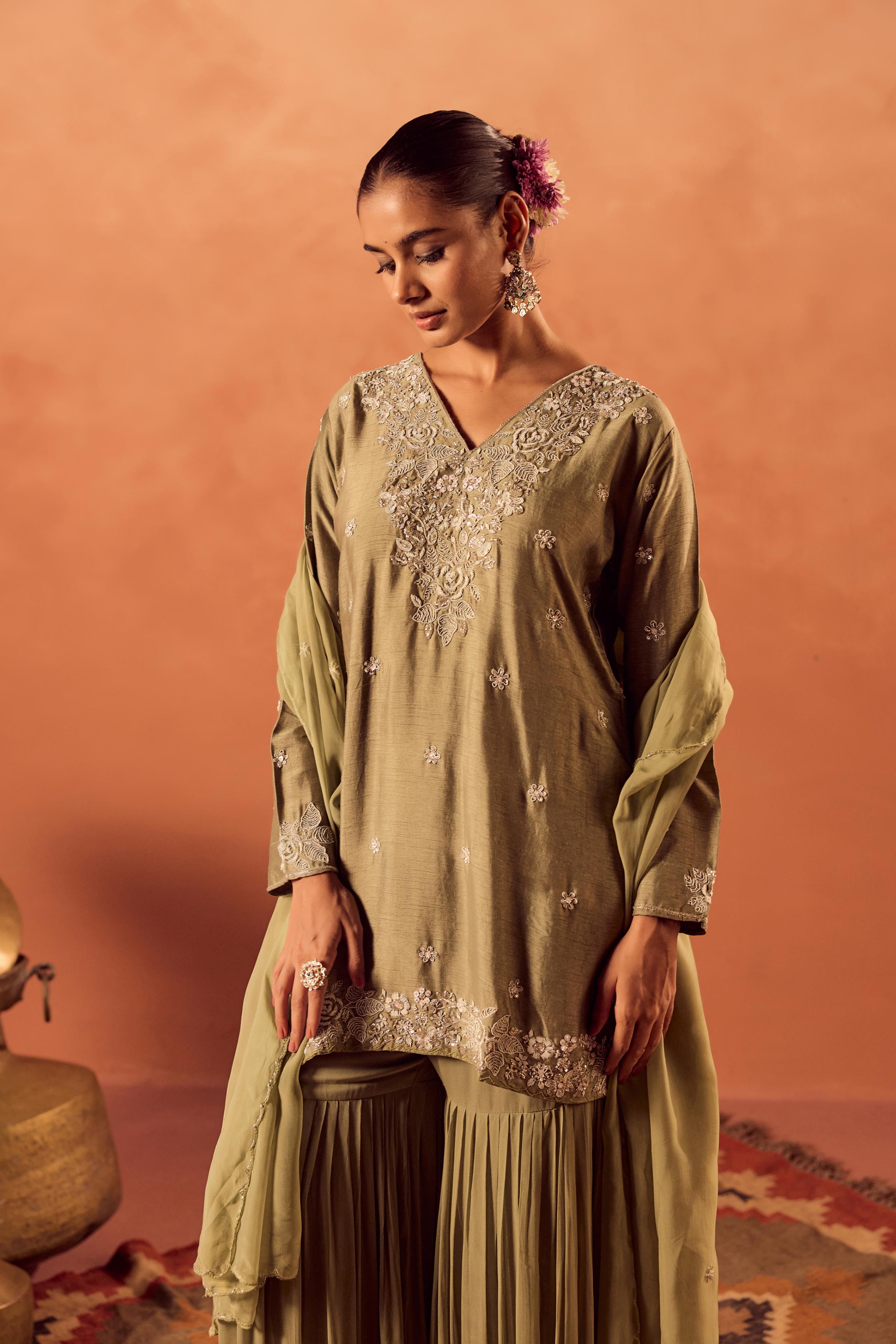 Pista Glow Embellished Raw Silk Sharara Set