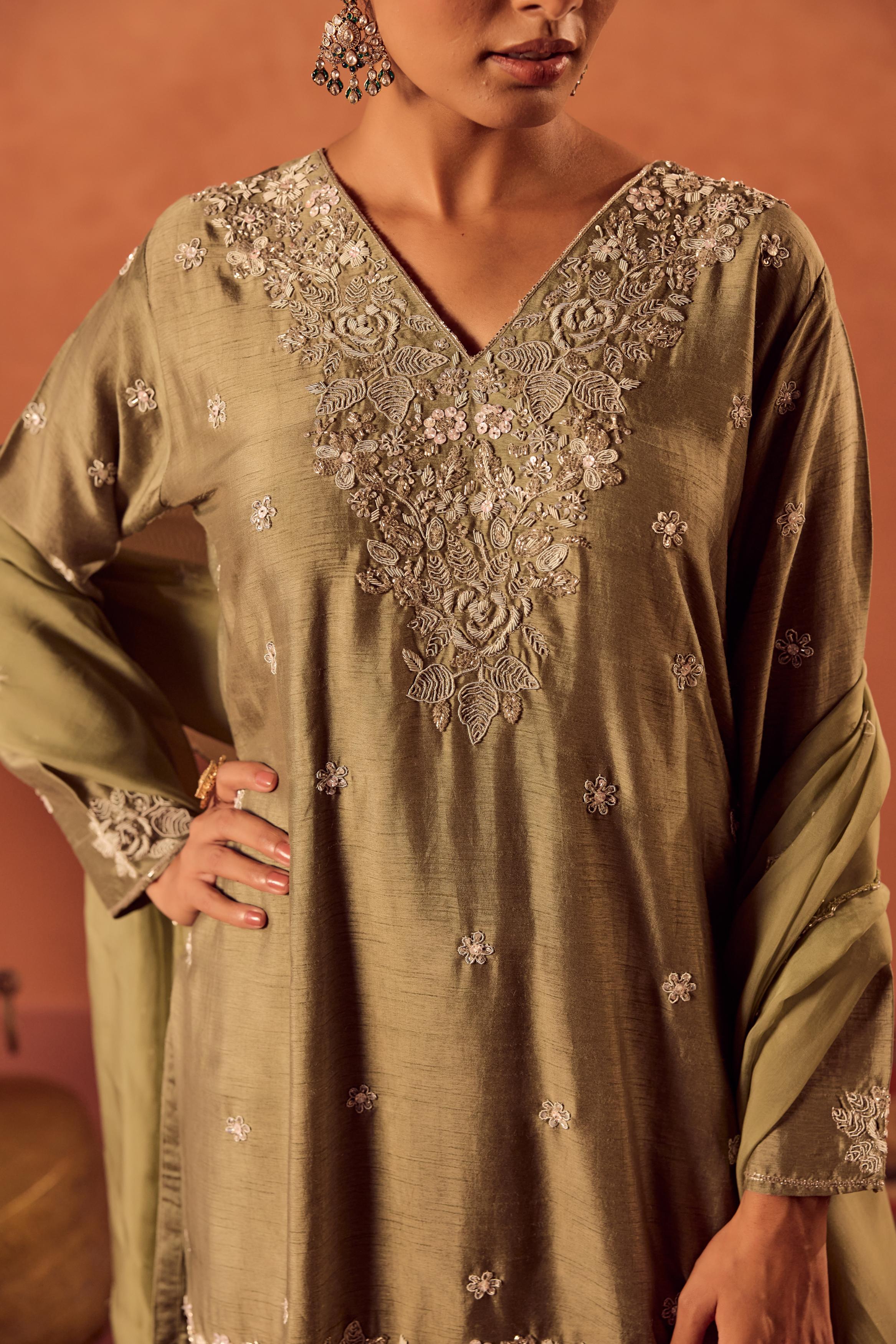 Pista Glow Embellished Raw Silk Sharara Set