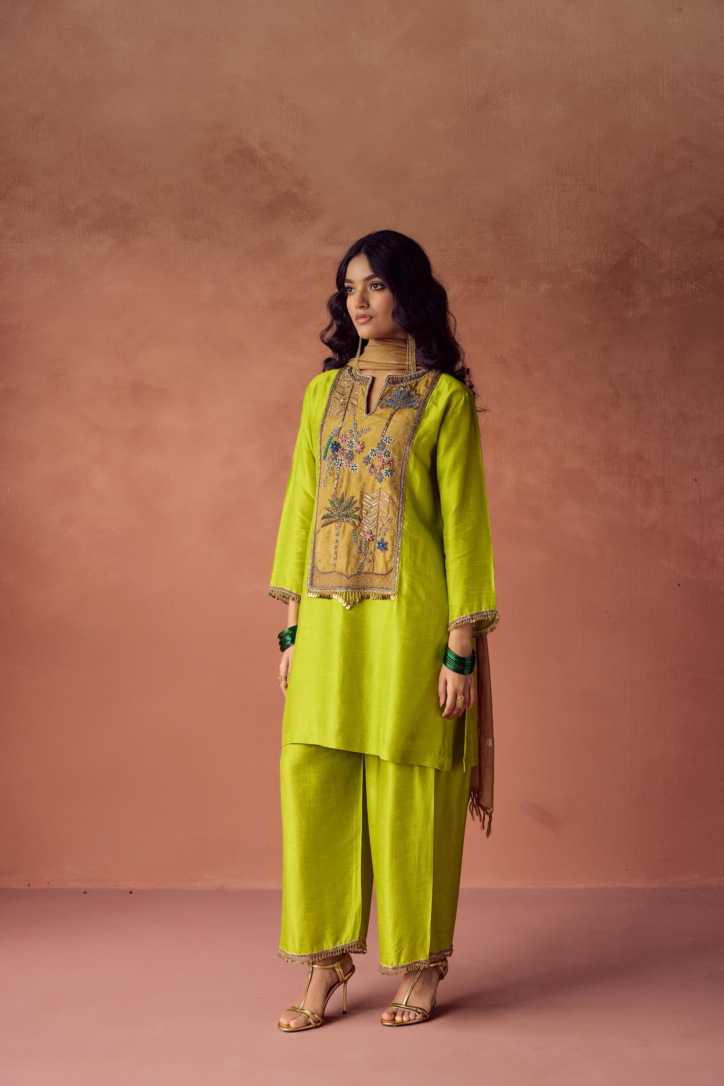 Bright Green Embellished Raw Silk Palazzo Set