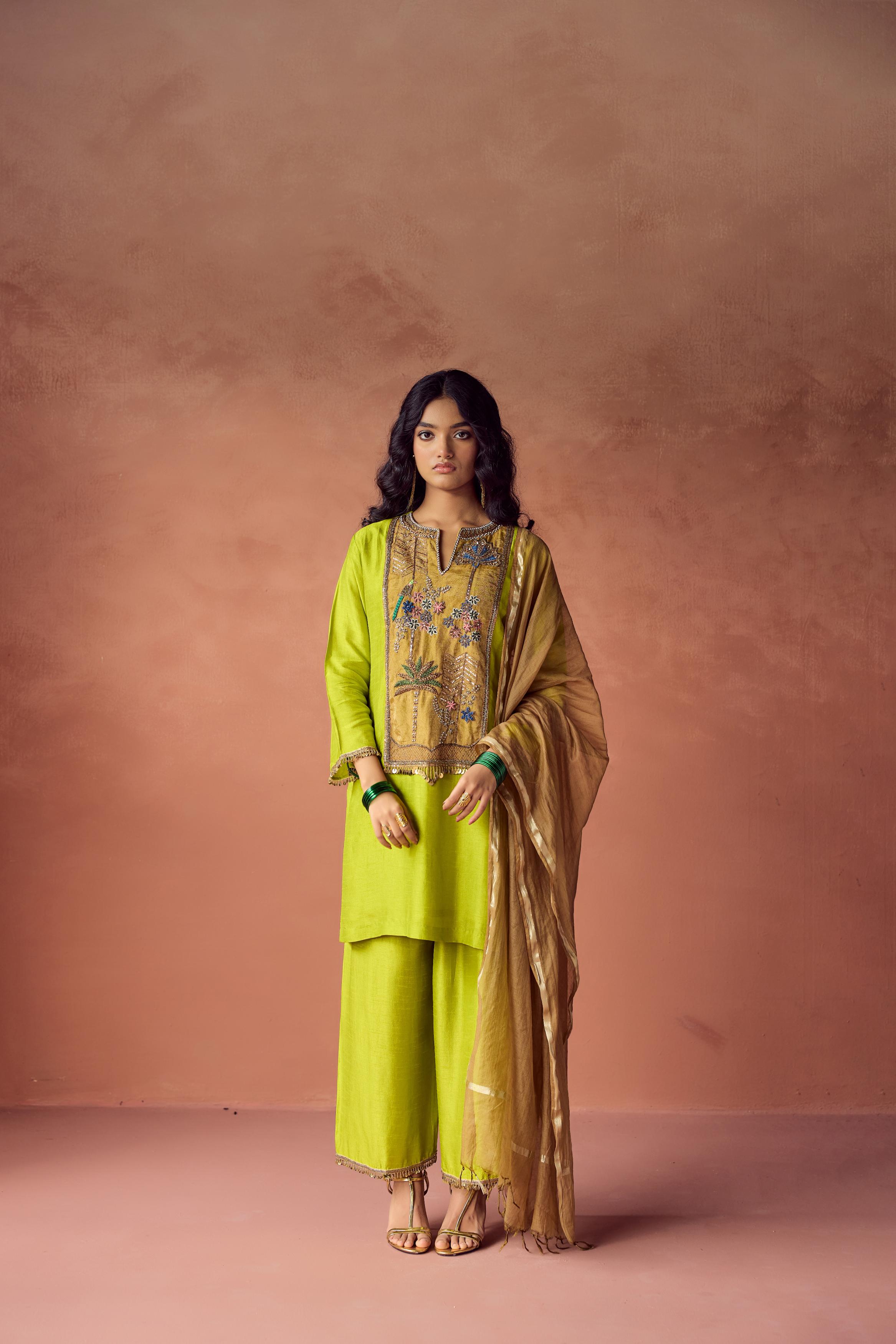 Bright Green Embellished Raw Silk Palazzo Set