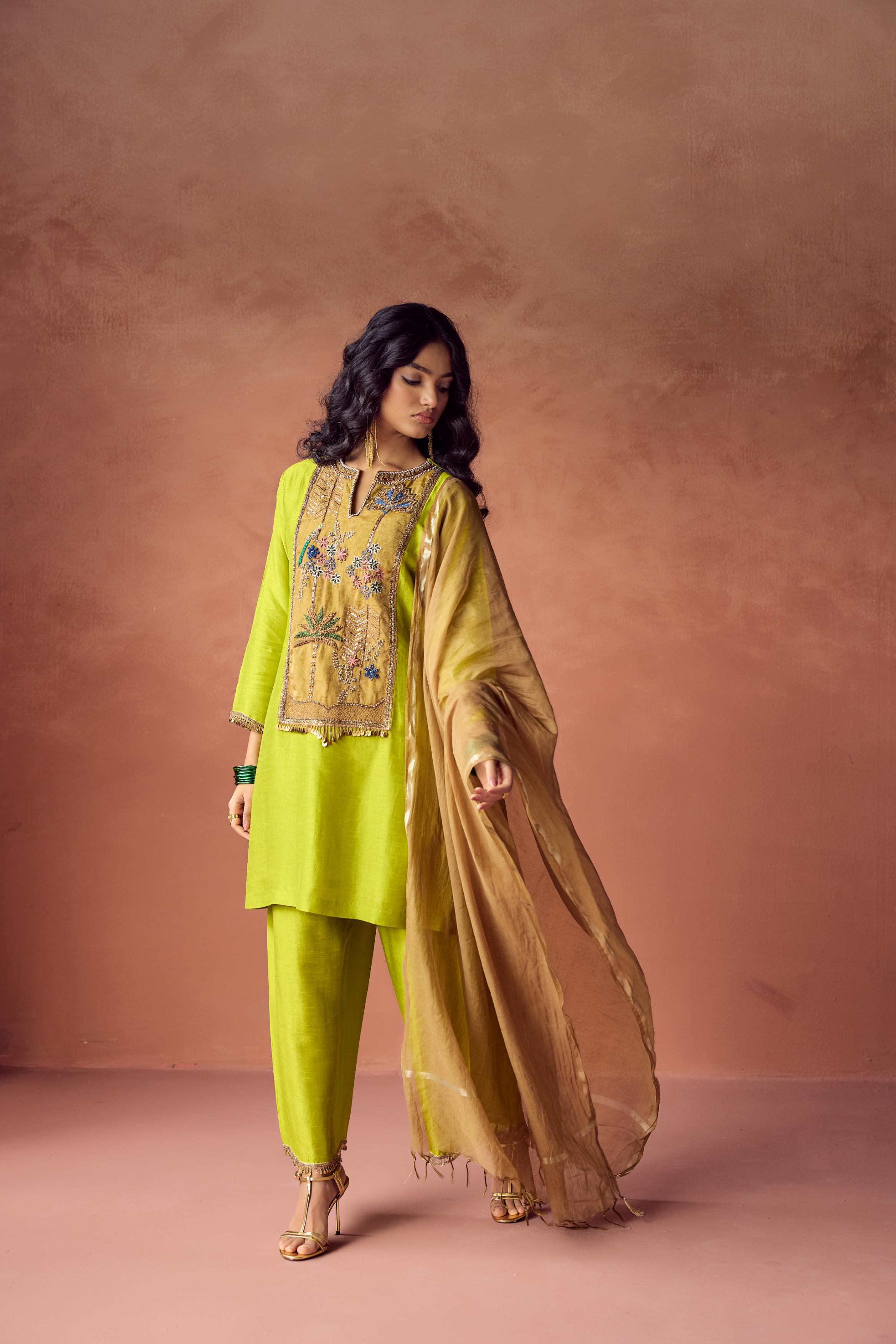 Bright Green Embellished Raw Silk Palazzo Set