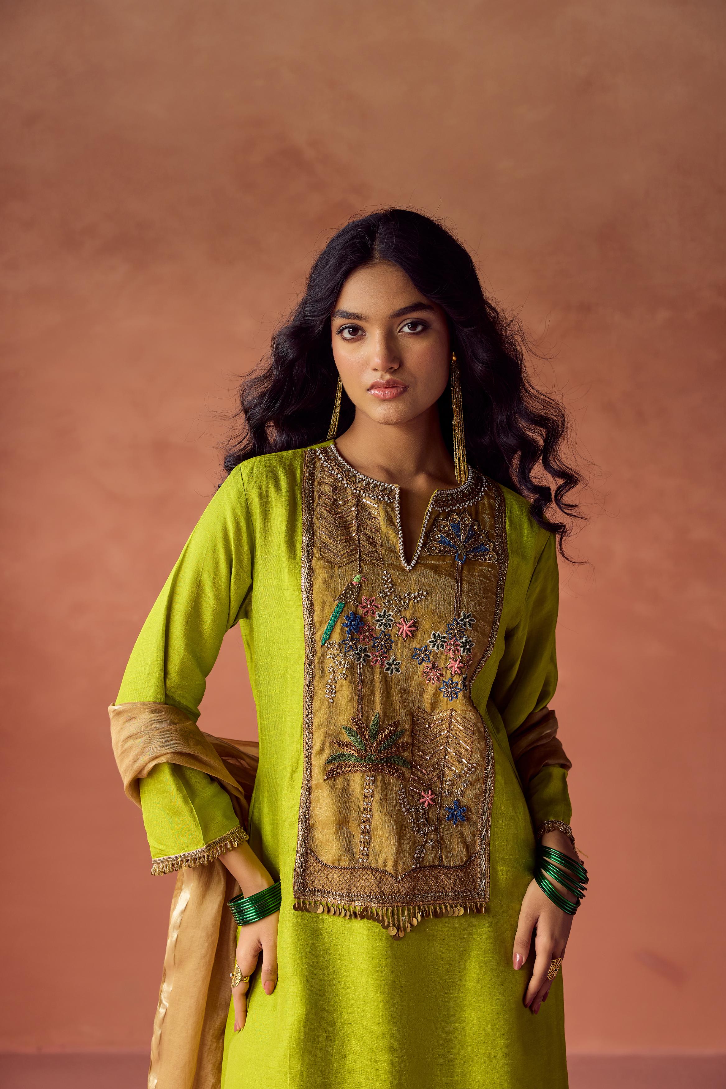 Bright Green Embellished Raw Silk Palazzo Set
