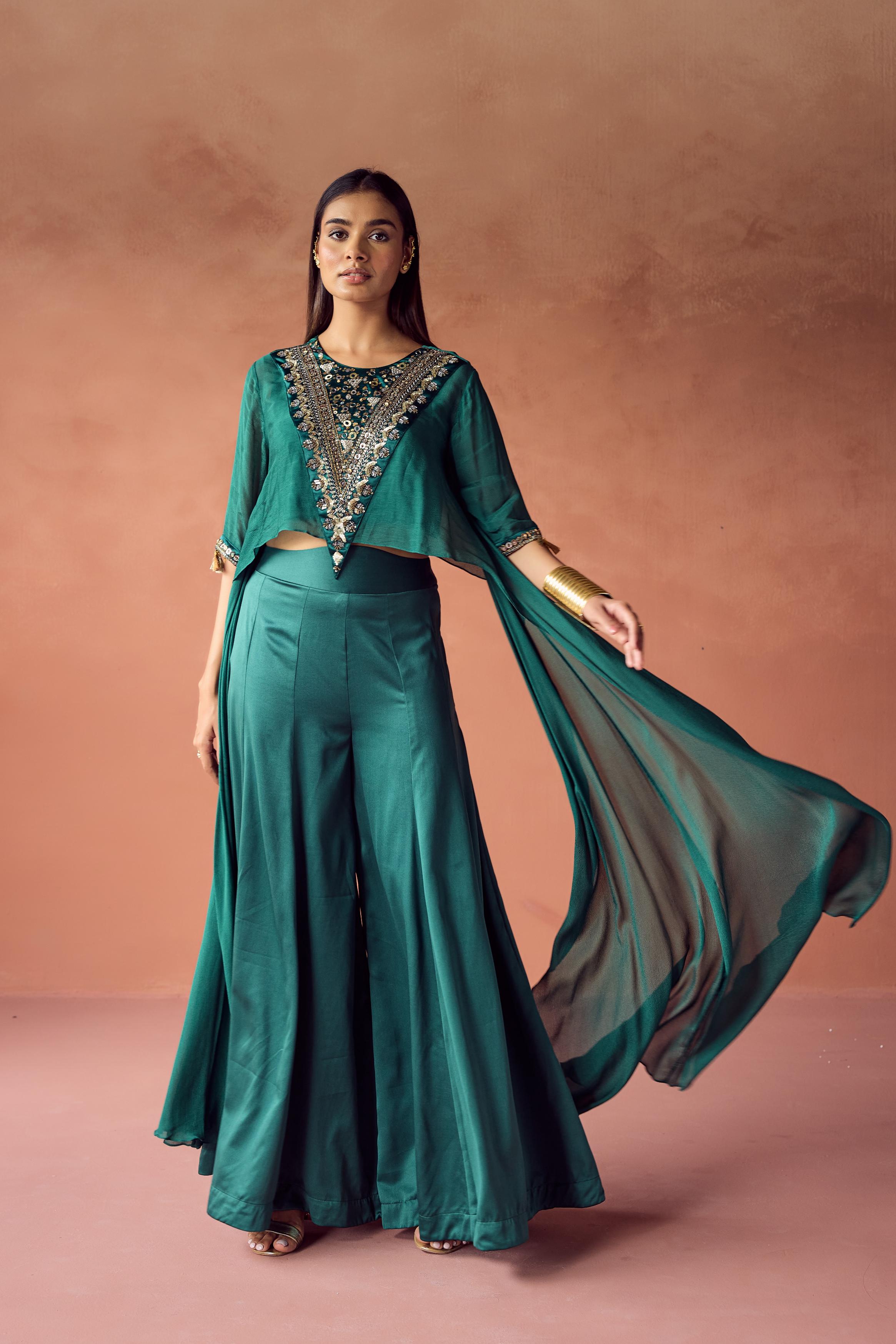 Emerald Luxe Embellished Chinon Silk Co-Ord Set