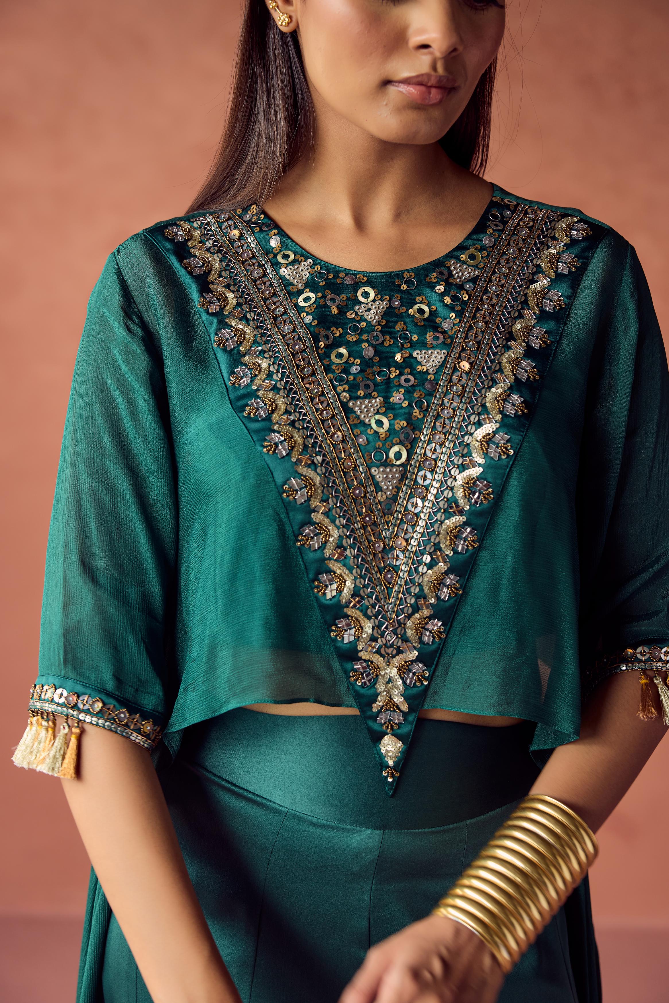 Emerald Luxe Embellished Chinon Silk Co-Ord Set