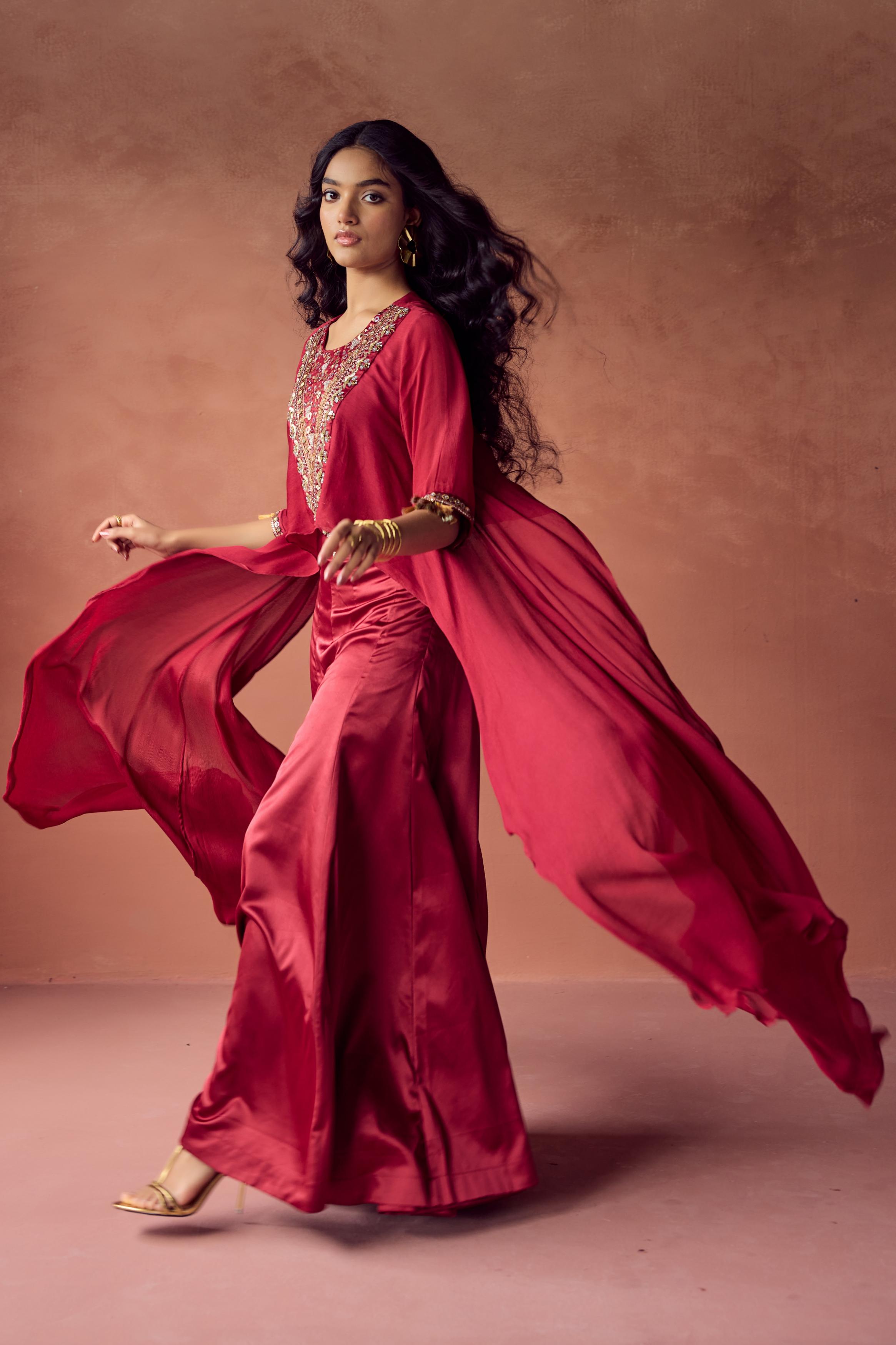 Mulberry Bloom Embellished Chinon Silk Co-Ord Set