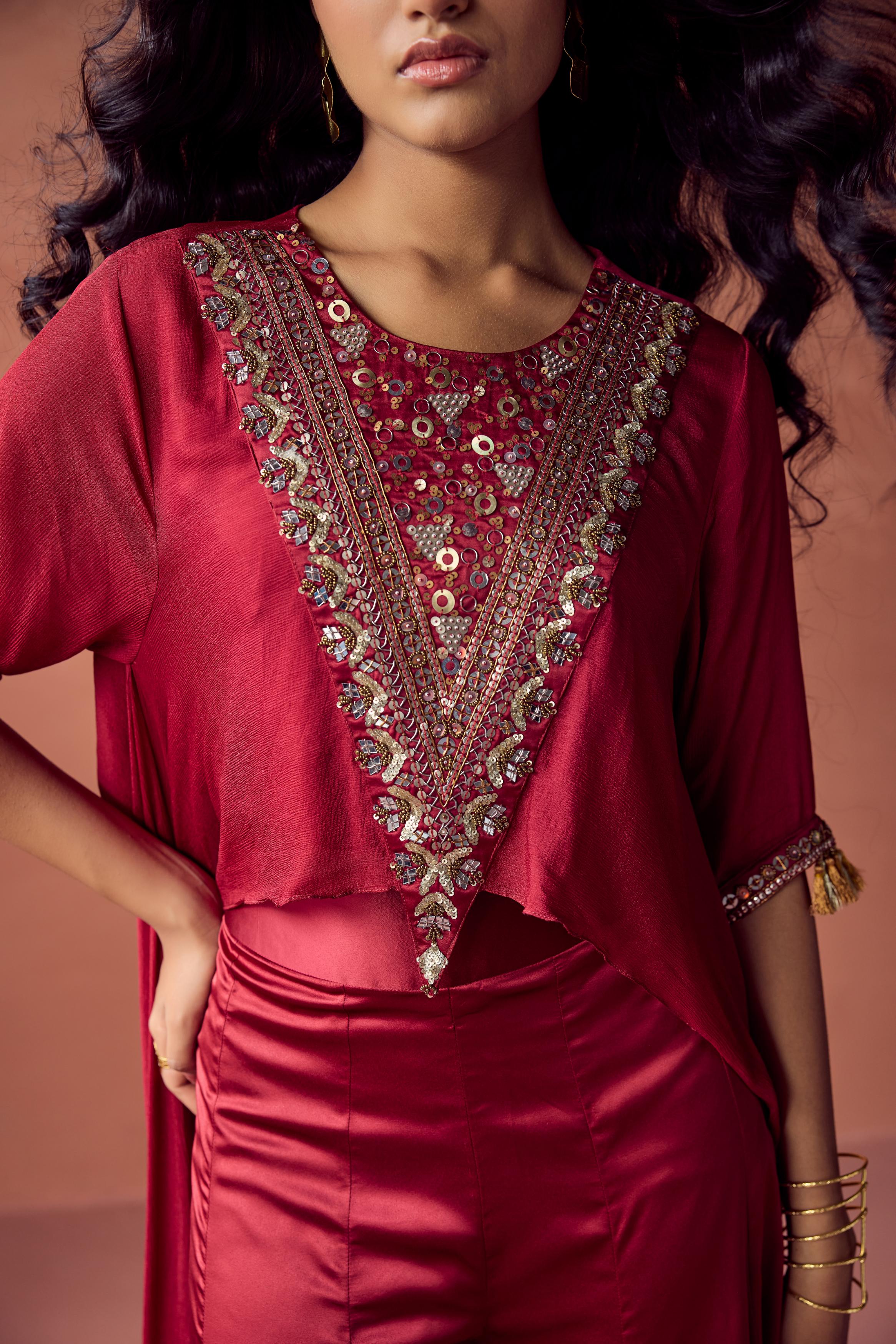 Mulberry Bloom Embellished Chinon Silk Co-Ord Set