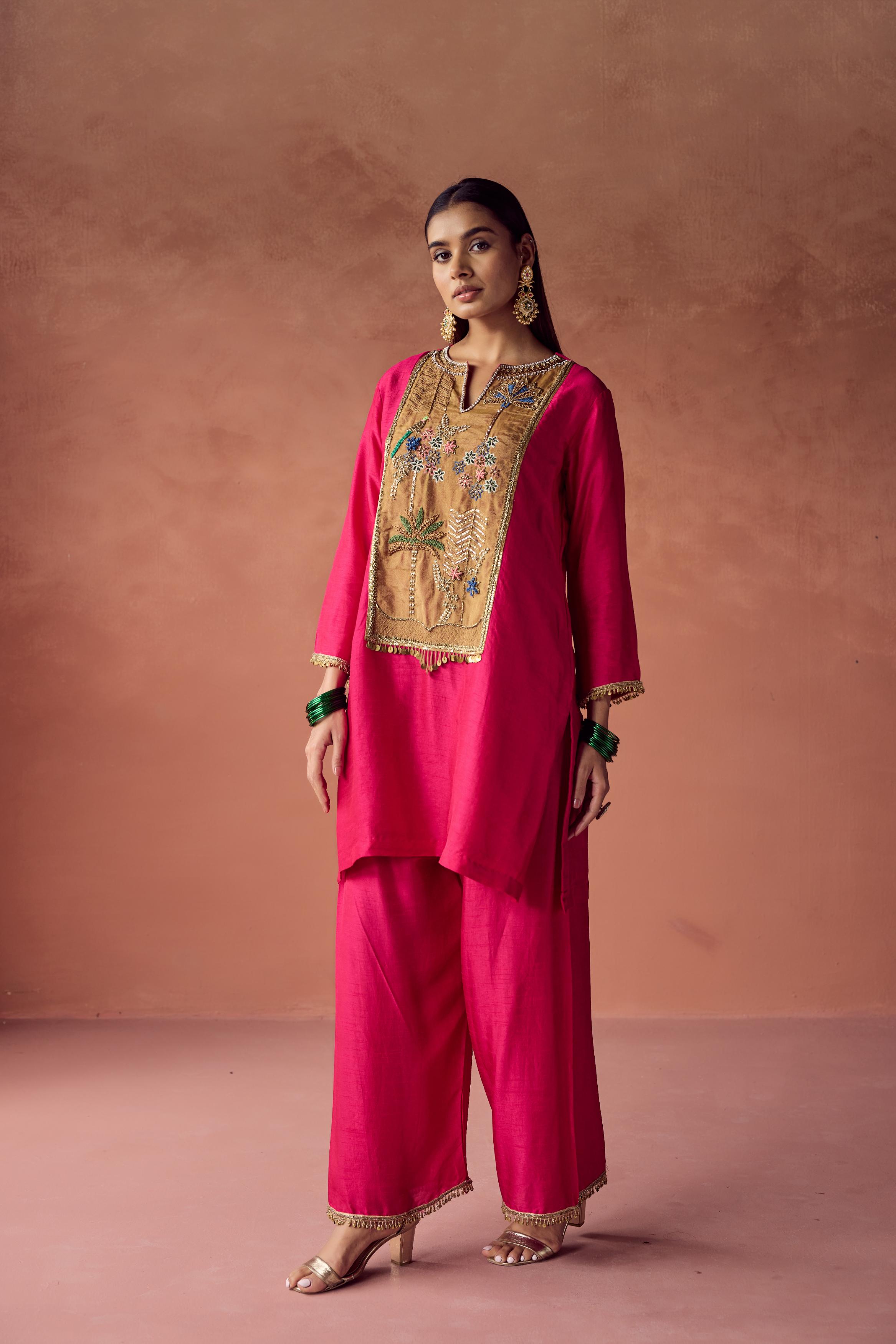 Hot Pink Embellished Raw Silk Palazzo Set