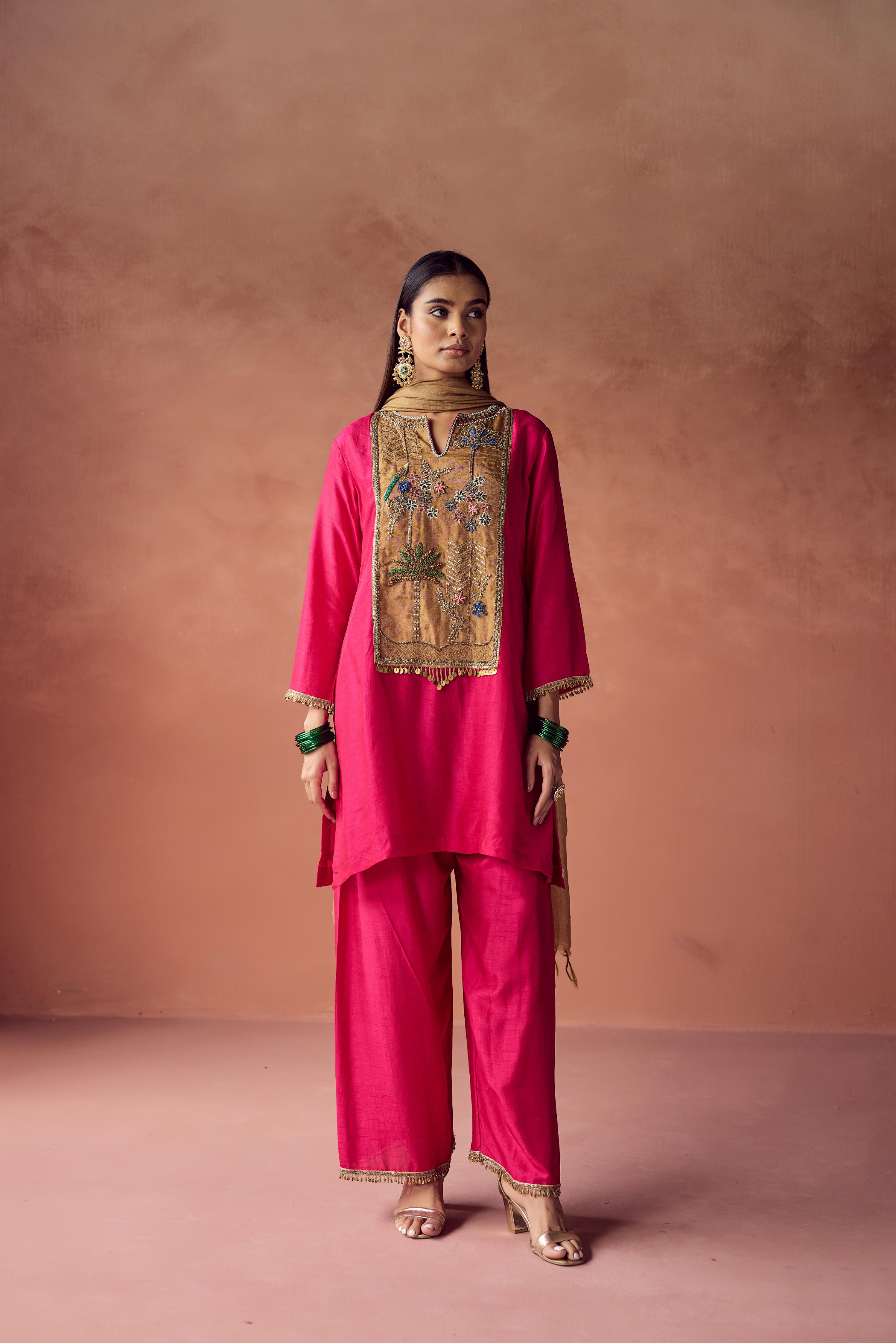 Hot Pink Embellished Raw Silk Palazzo Set