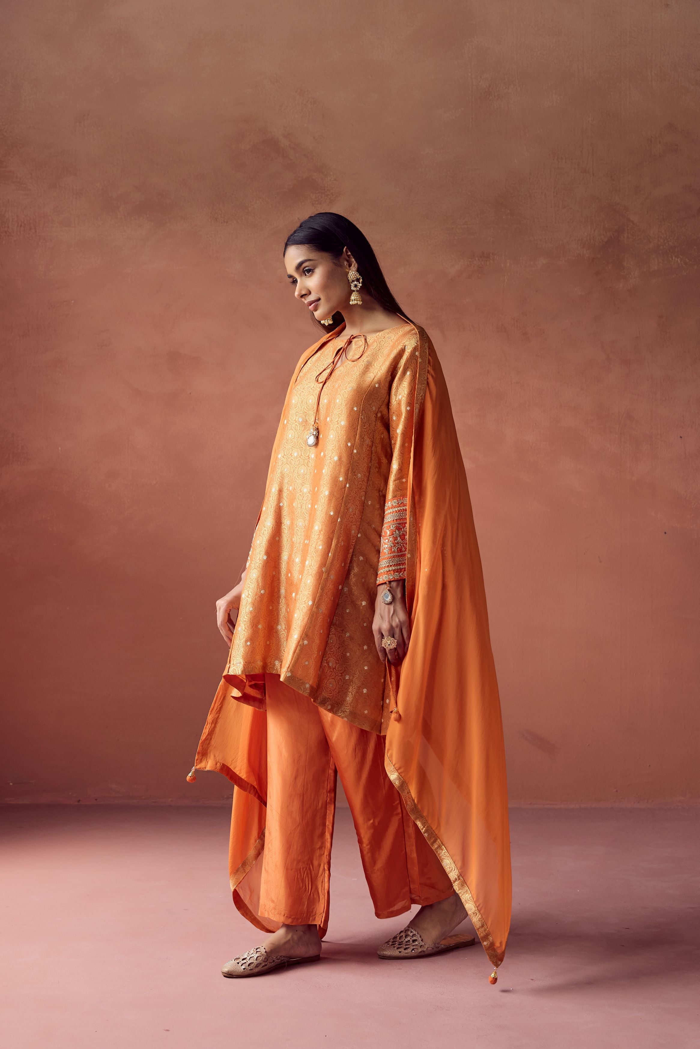 Bright Orange Embellished Brocade Organza Silk Pant Set