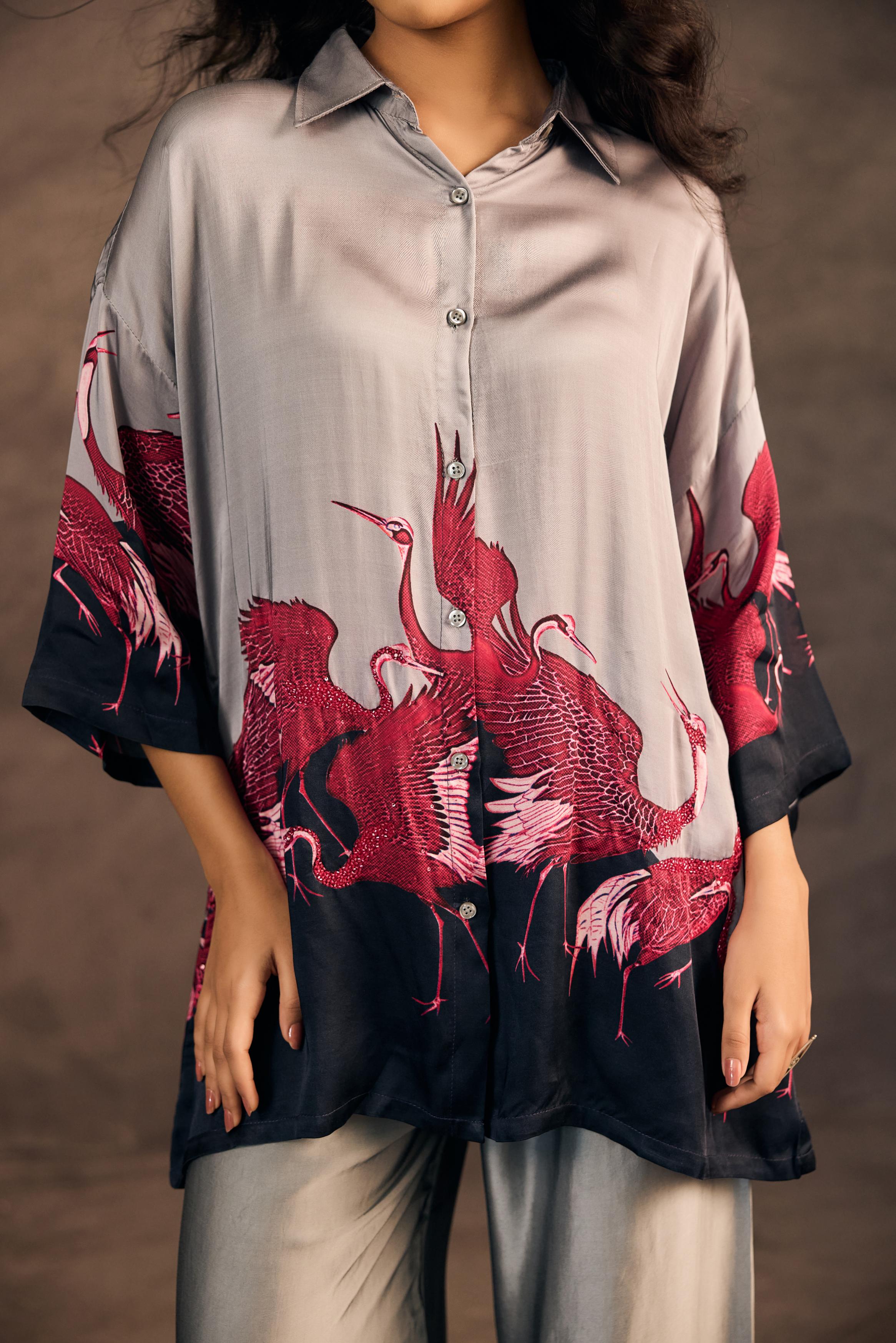 Cloud Mist Embellished Satin Silk Co-Ord Set