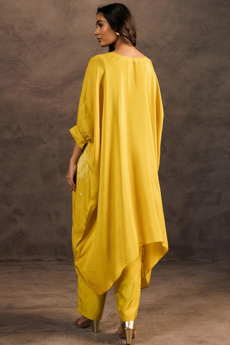 Glam Yellow Printed Premium Silk Kaftan Set