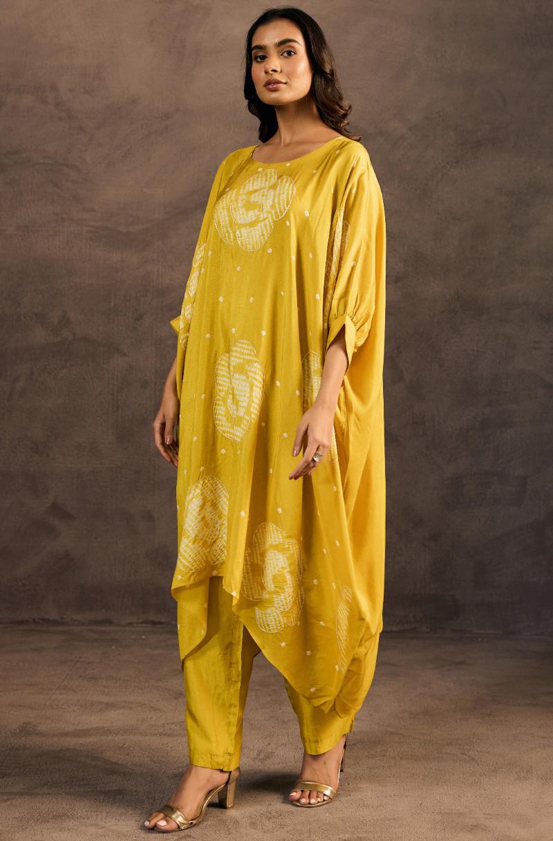Glam Yellow Printed Premium Silk Kaftan Set