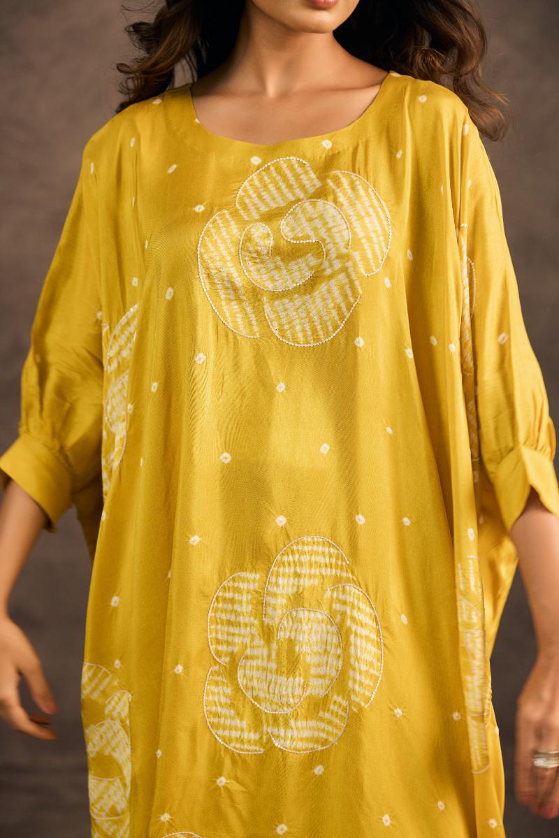 Glam Yellow Printed Premium Silk Kaftan Set