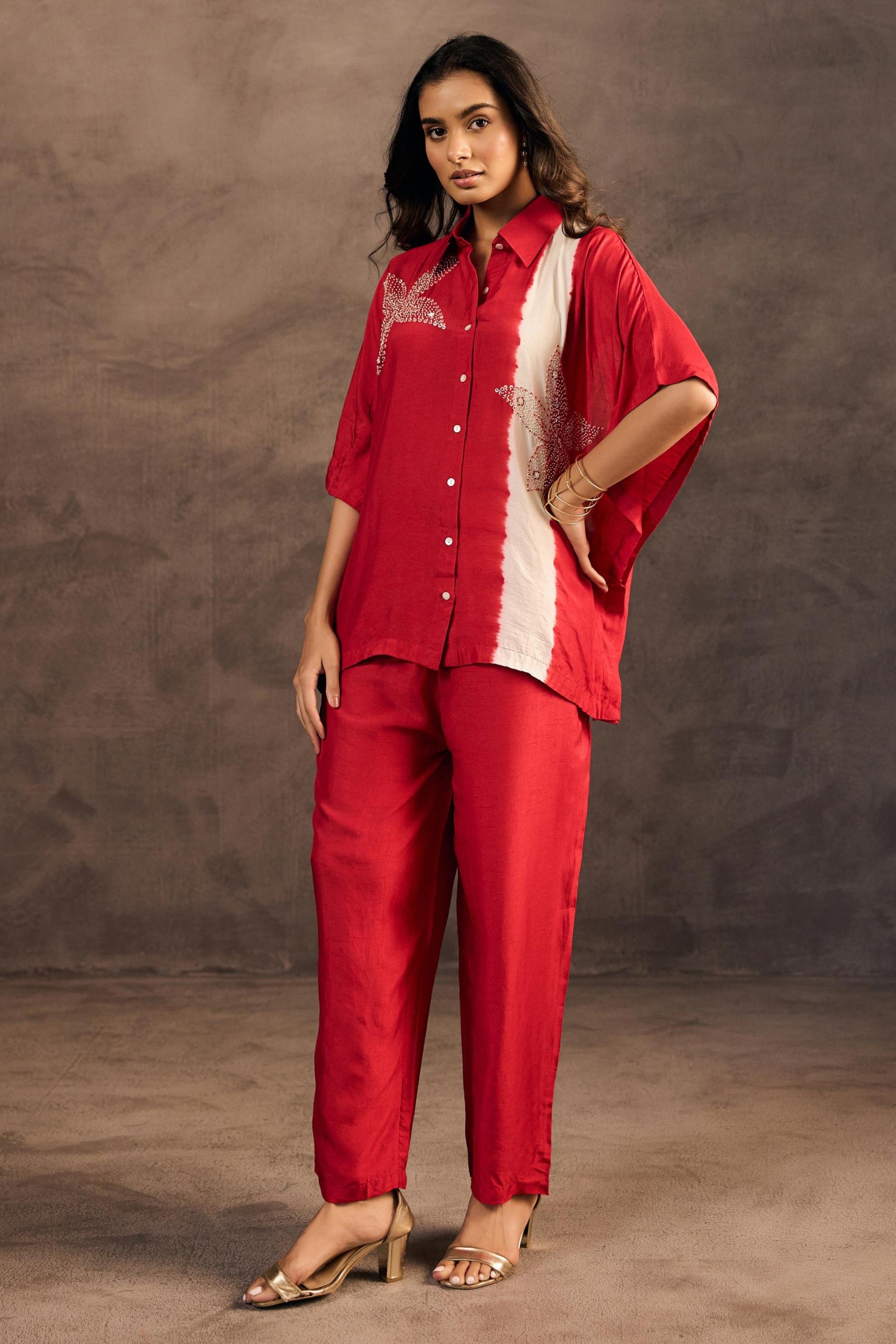 Ruby Red Embellished Raw Silk Co-Ord Set