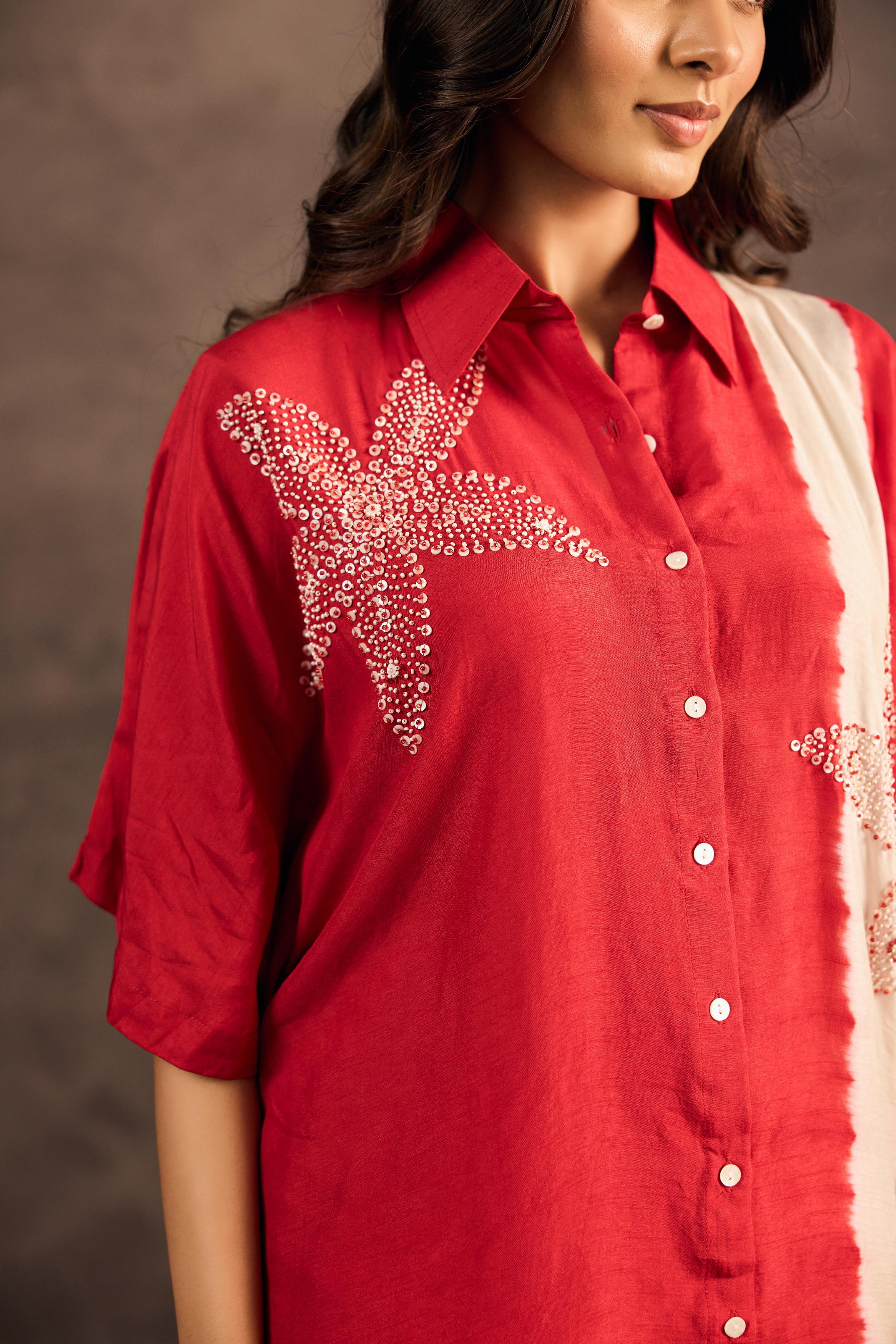 Ruby Red Embellished Raw Silk Co-Ord Set