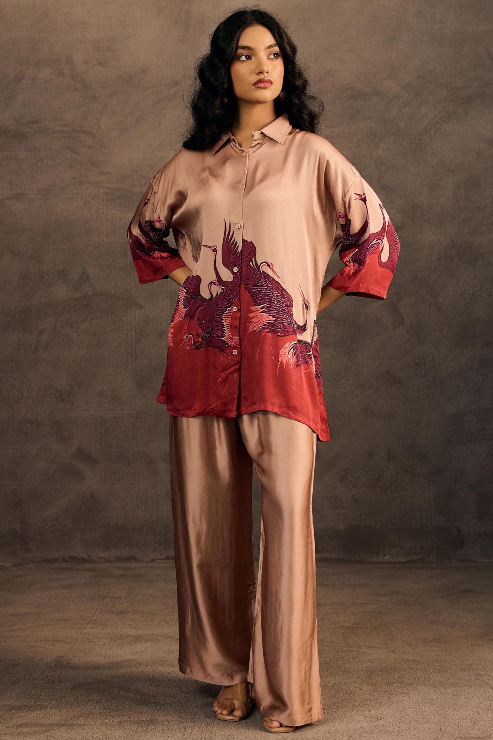 Blush Gold Embellished Satin Silk Co-Ord Set