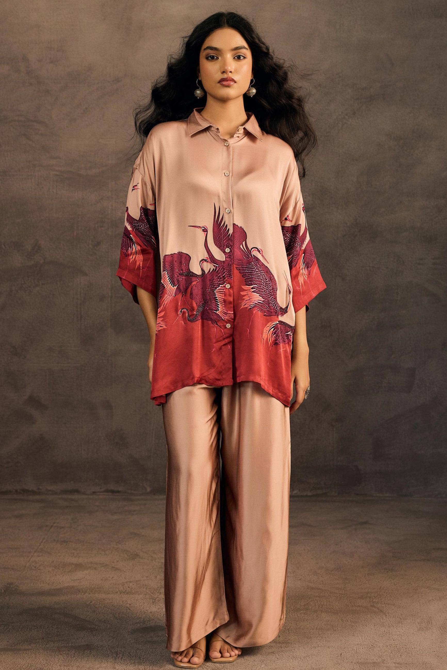 Blush Gold Embellished Satin Silk Co-Ord Set