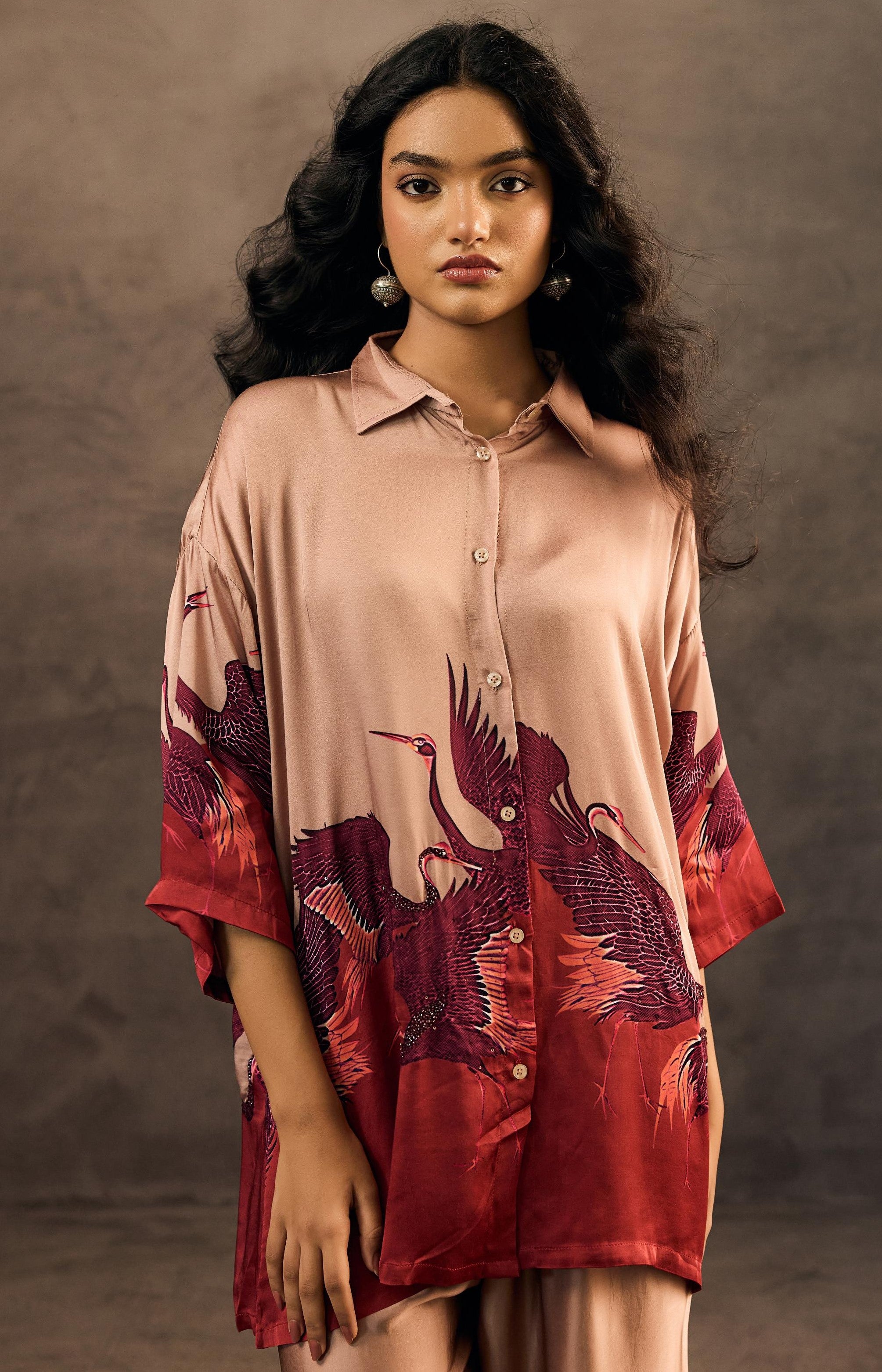 Blush Gold Embellished Satin Silk Co-Ord Set