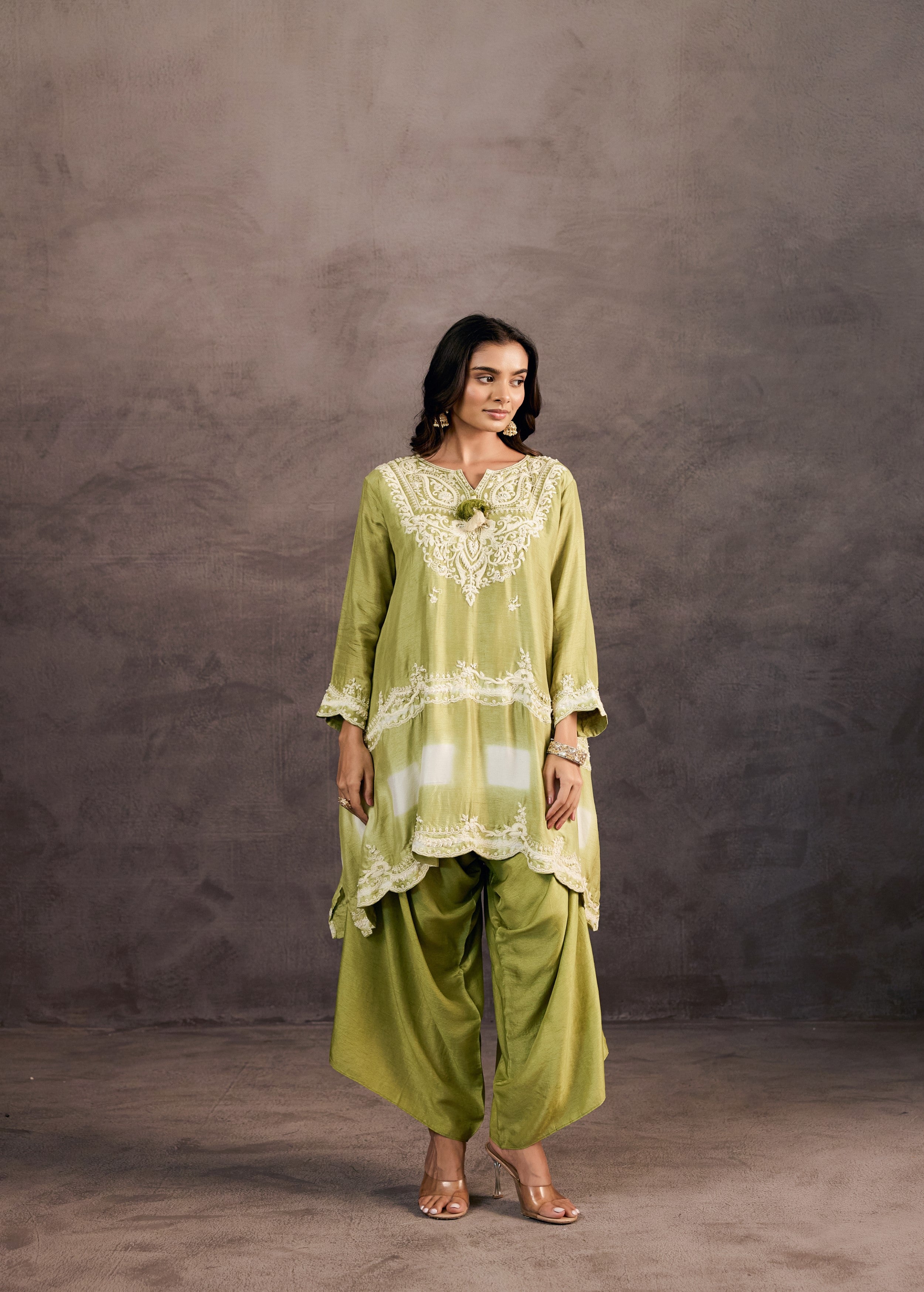 Sage Green Embroidered Raw Silk Palazzo Set