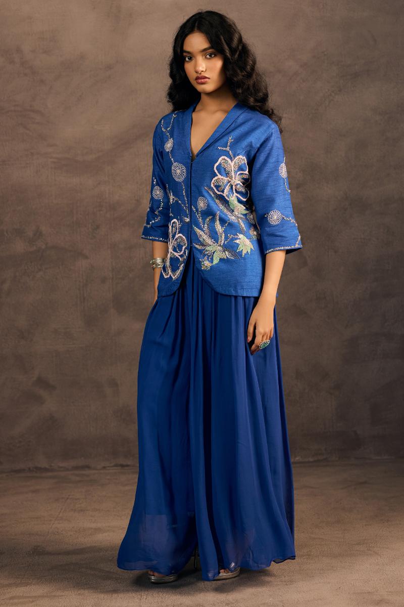 Radiant Blue Embellished Raw Silk Co-Ord Set