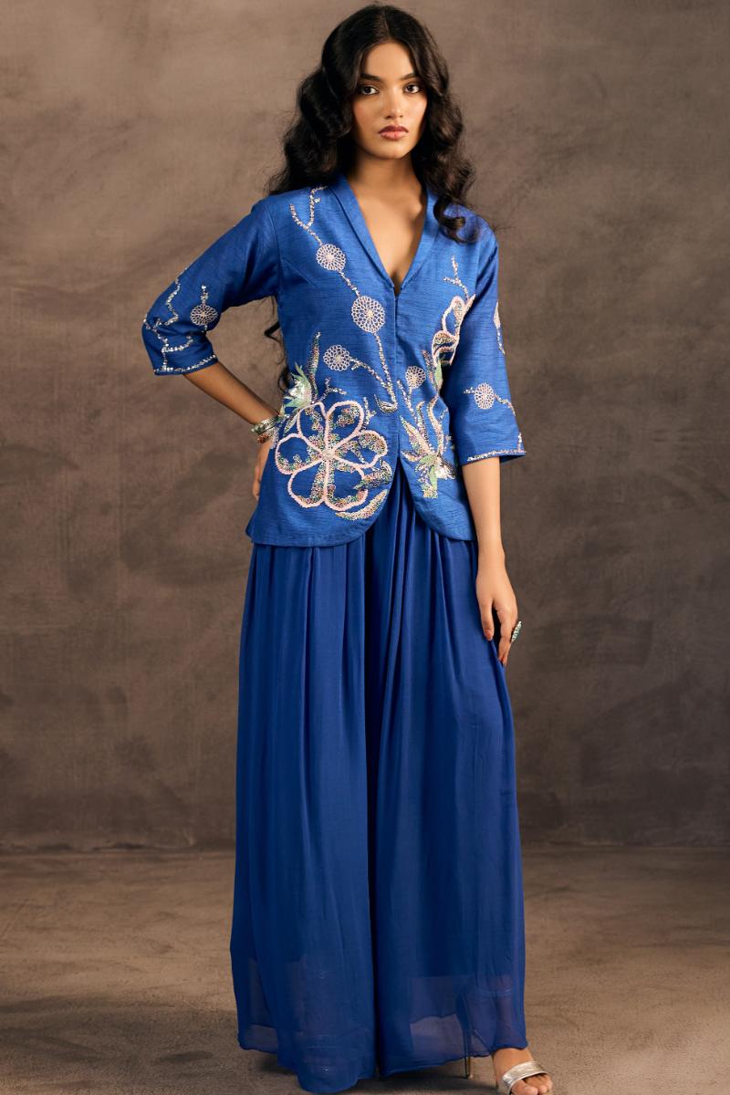 Radiant Blue Embellished Raw Silk Co-Ord Set