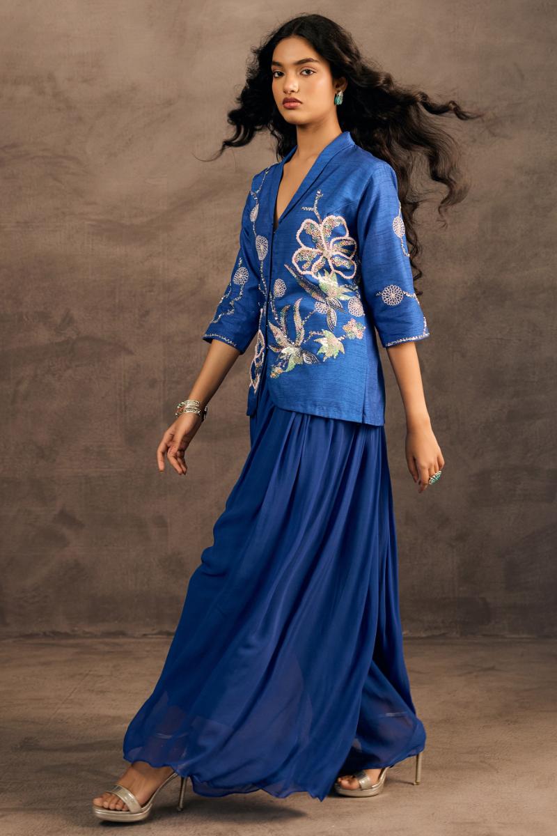 Radiant Blue Embellished Raw Silk Co-Ord Set