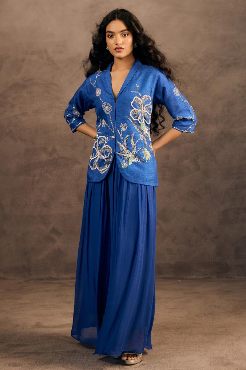 Radiant Blue Embellished Raw Silk Co-Ord Set