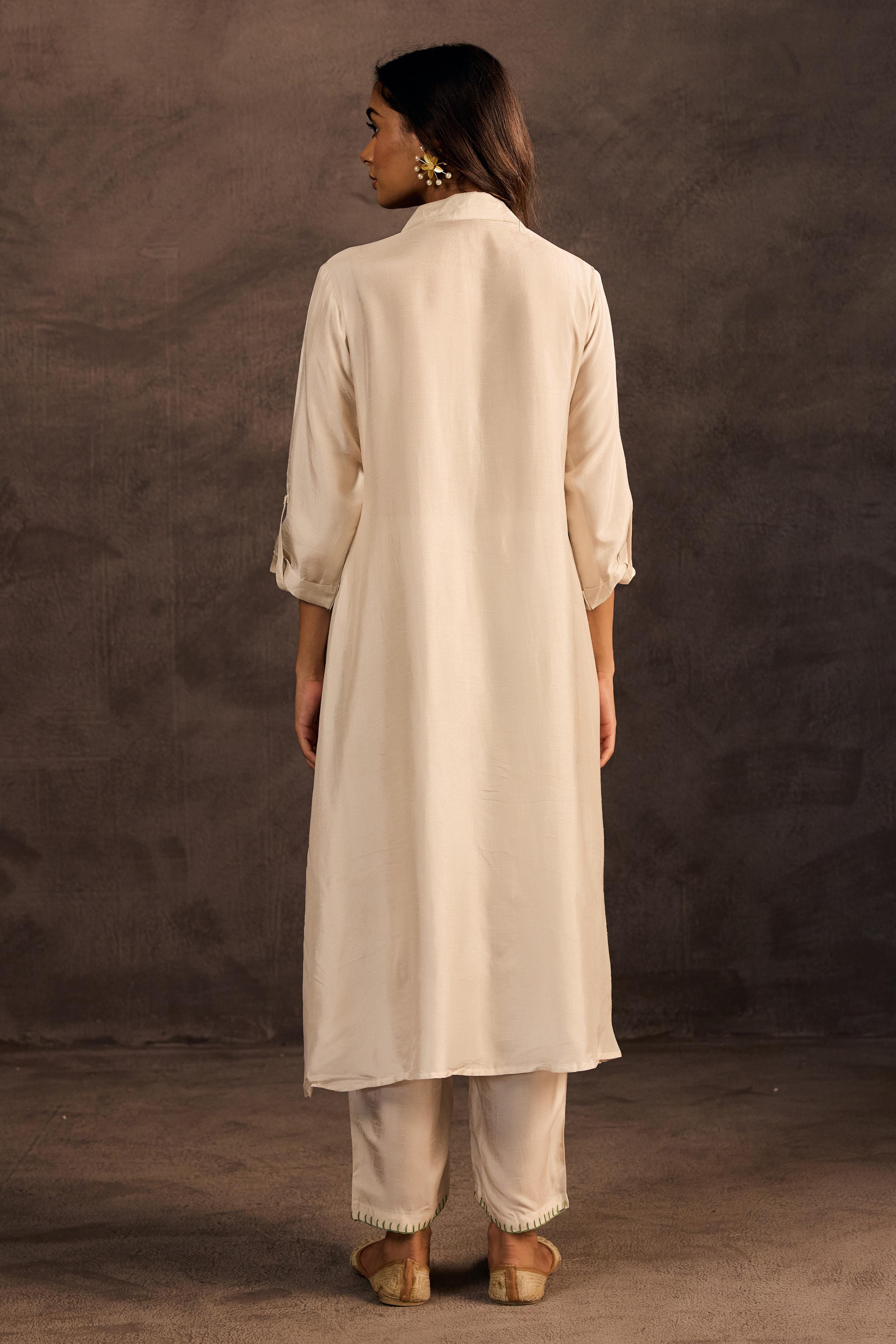 Moonlit Champagne Embellished Raw Silk Kurta Set