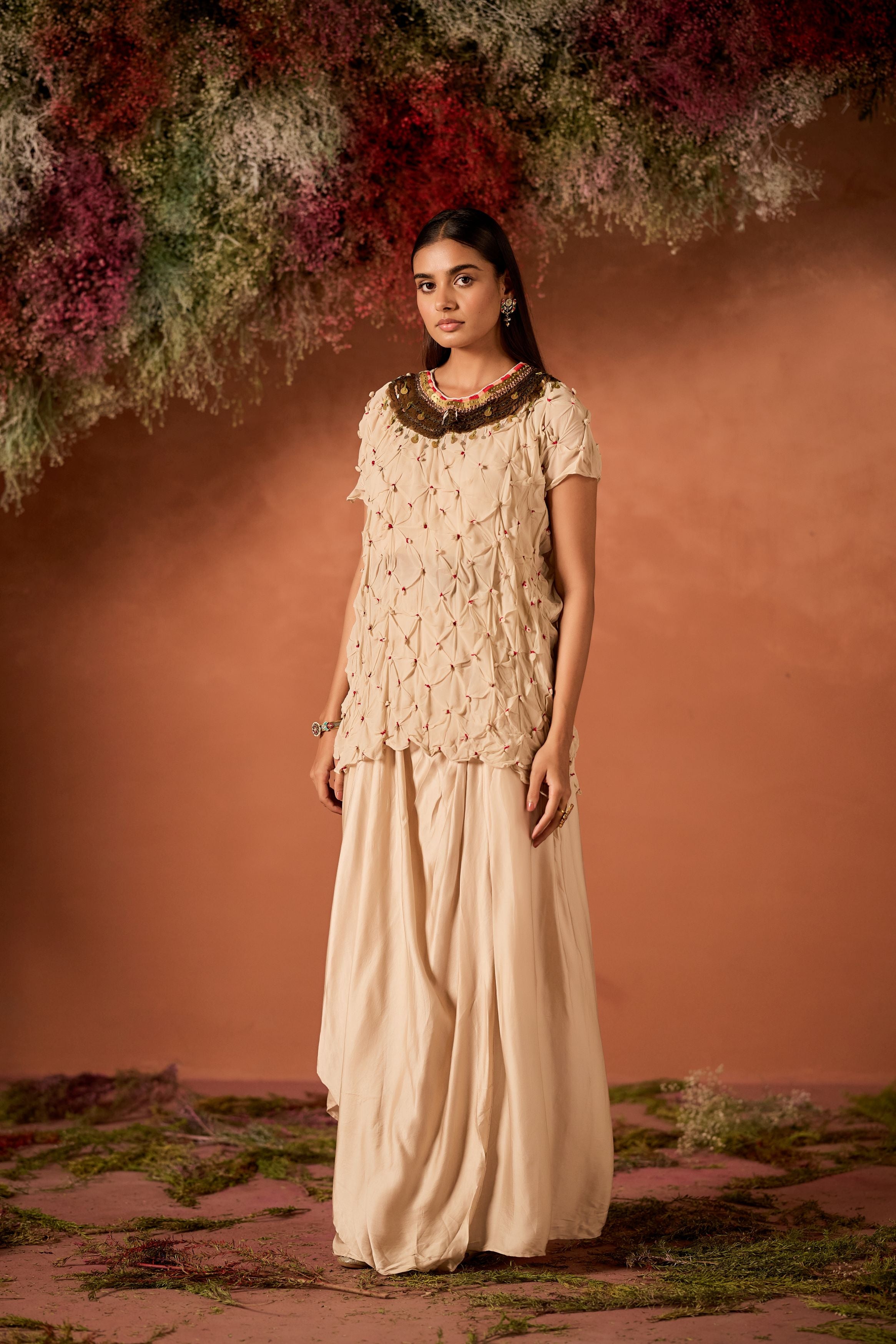 White Embellished Georgette Silk Skirt Set