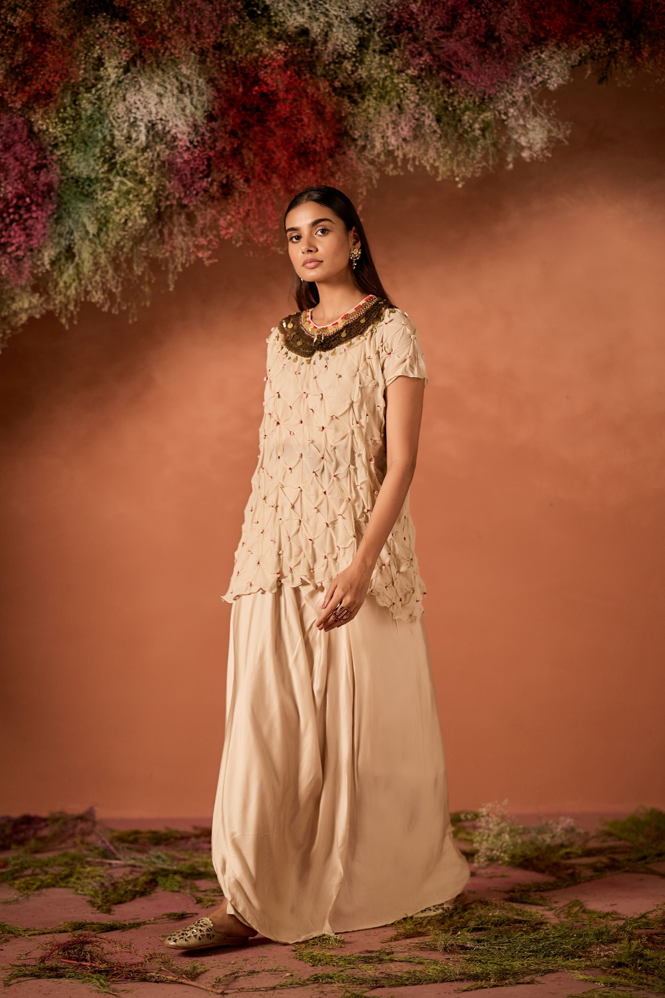 White Embellished Georgette Silk Skirt Set