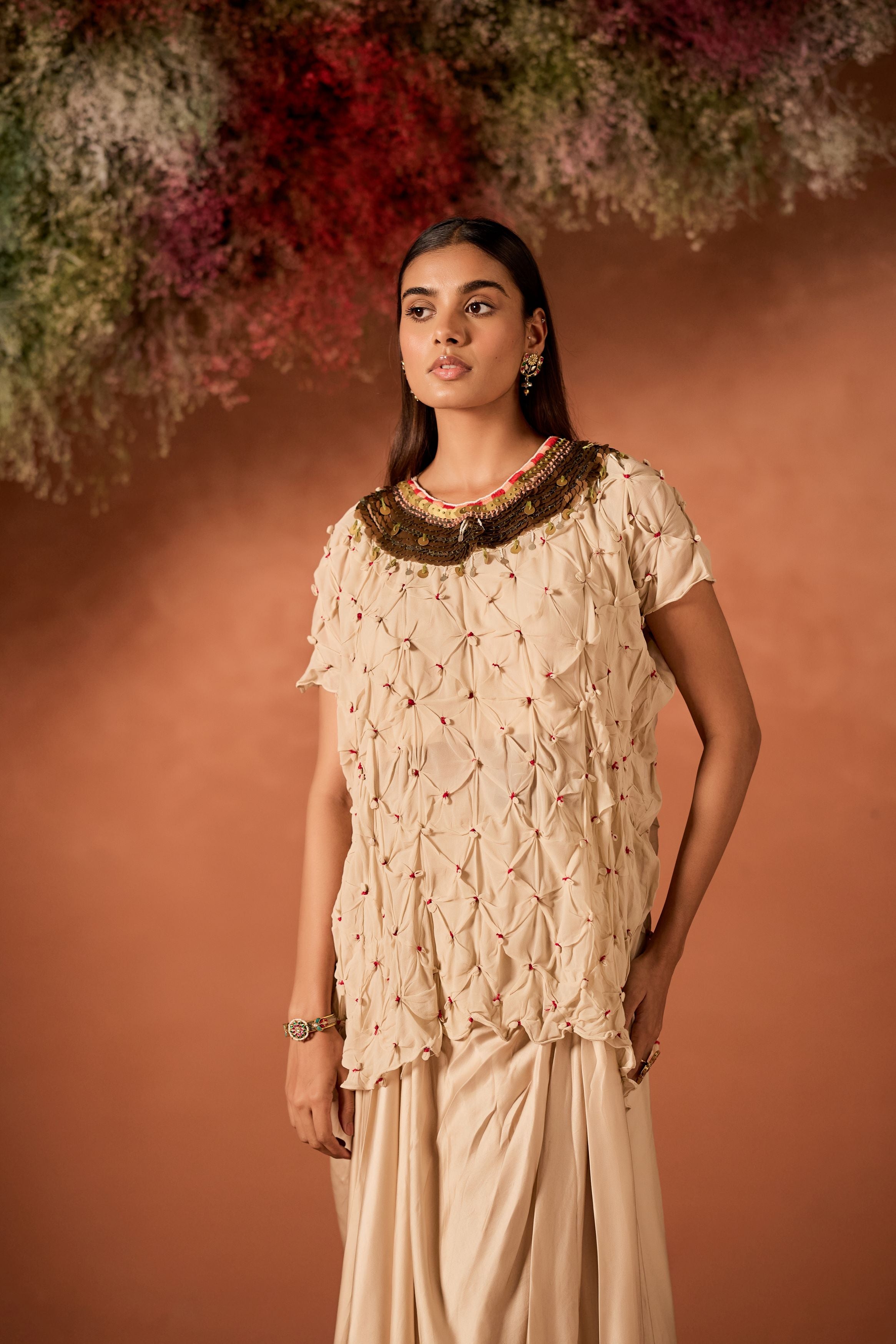 White Embellished Georgette Silk Skirt Set