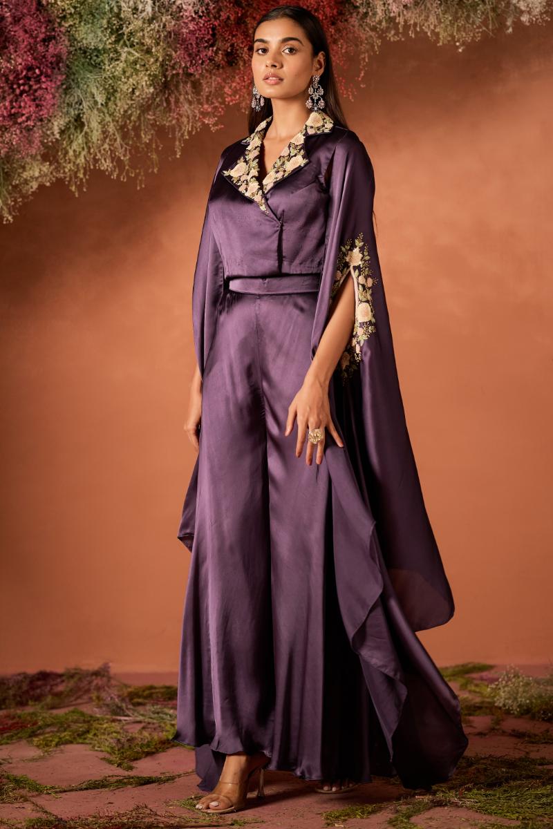 Mauve Glow Embellished Satin Silk Cape Set