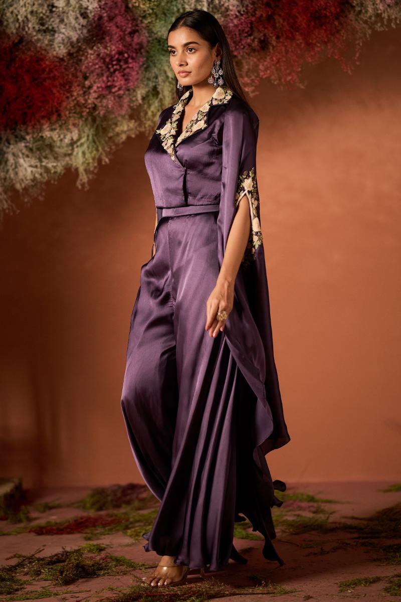 Mauve Glow Embellished Satin Silk Cape Set